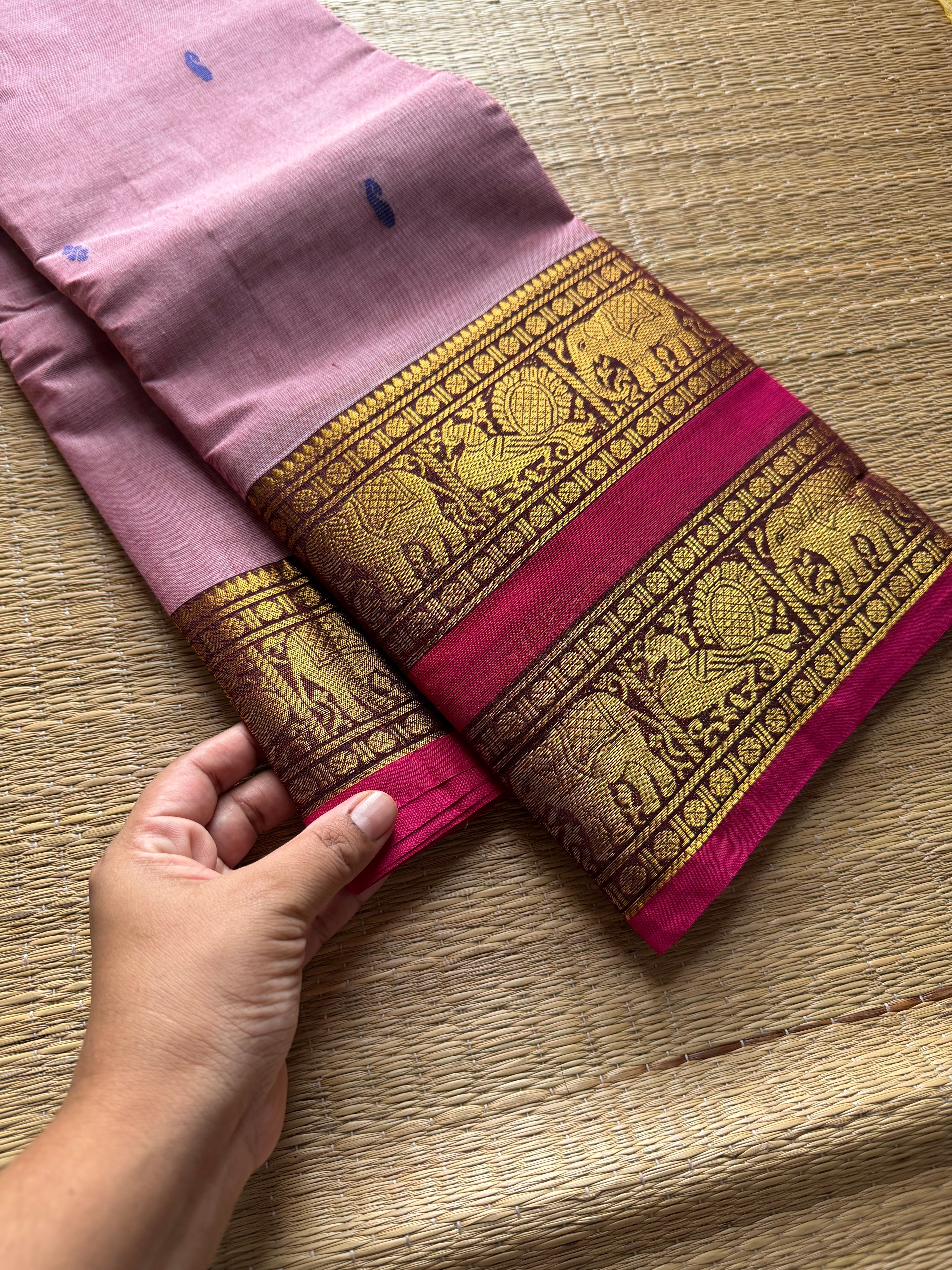 RF304 Light baby pink saree with contrast pink combination Rettapet border Kanchi cotton saree with handmade thread buttas
