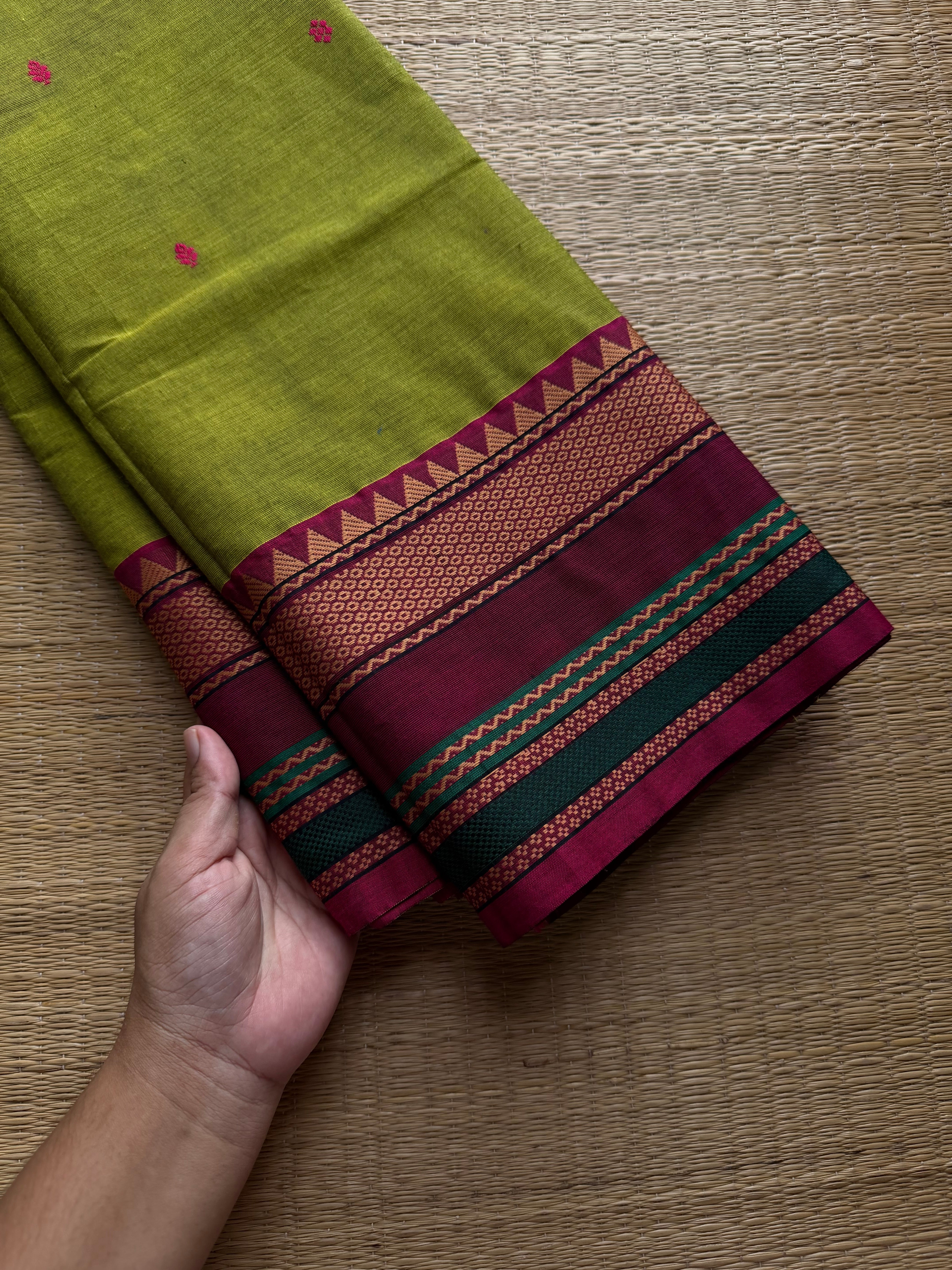 RF803 Green shade thread border Kanchi cotton saree with handmade thread buttas