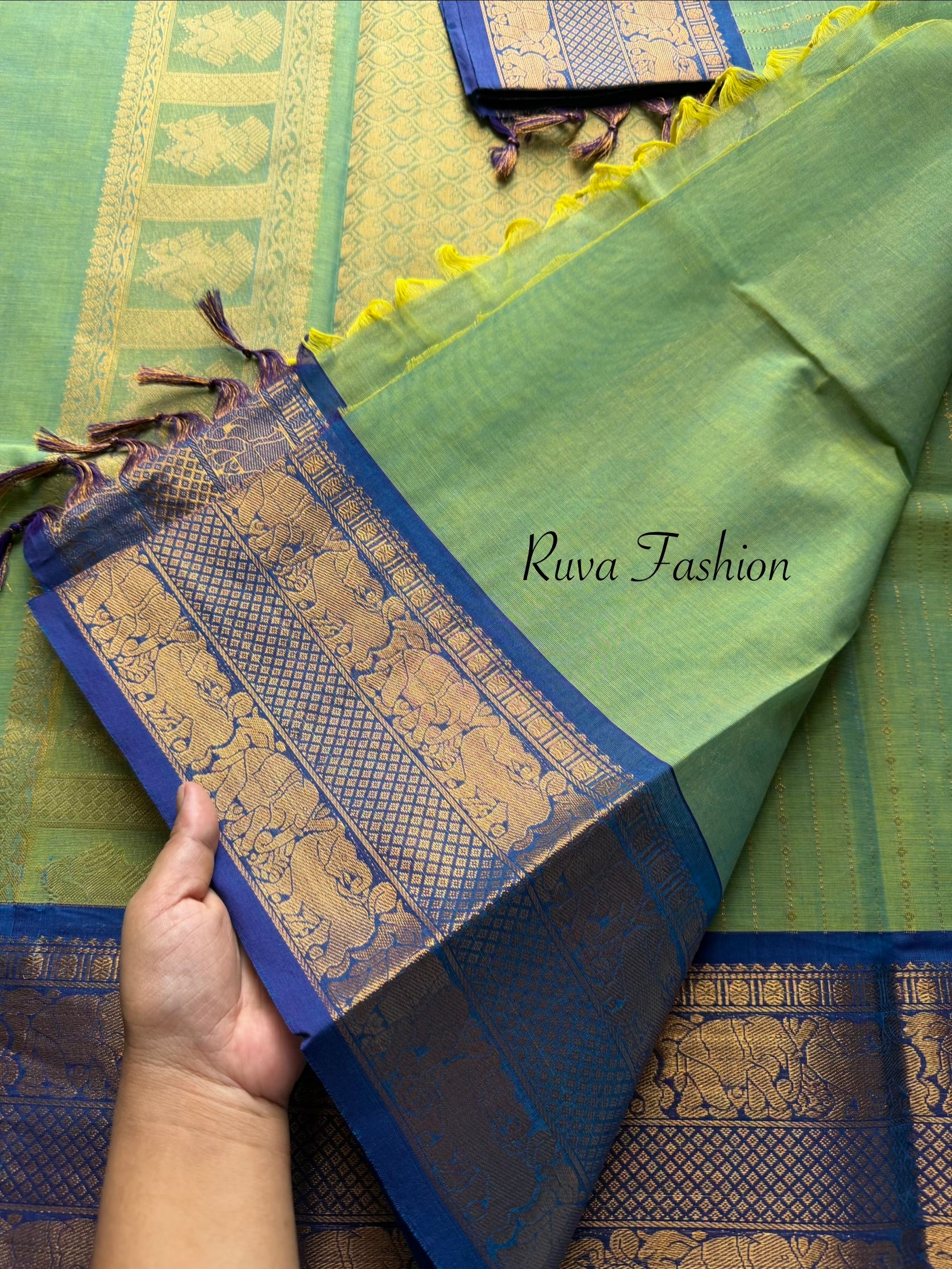 RF497 Dual tone Apple green with royal blue combination Premium rich Zari woven Pallu Kanchi cotton saree with fully Vairaoosi pattern