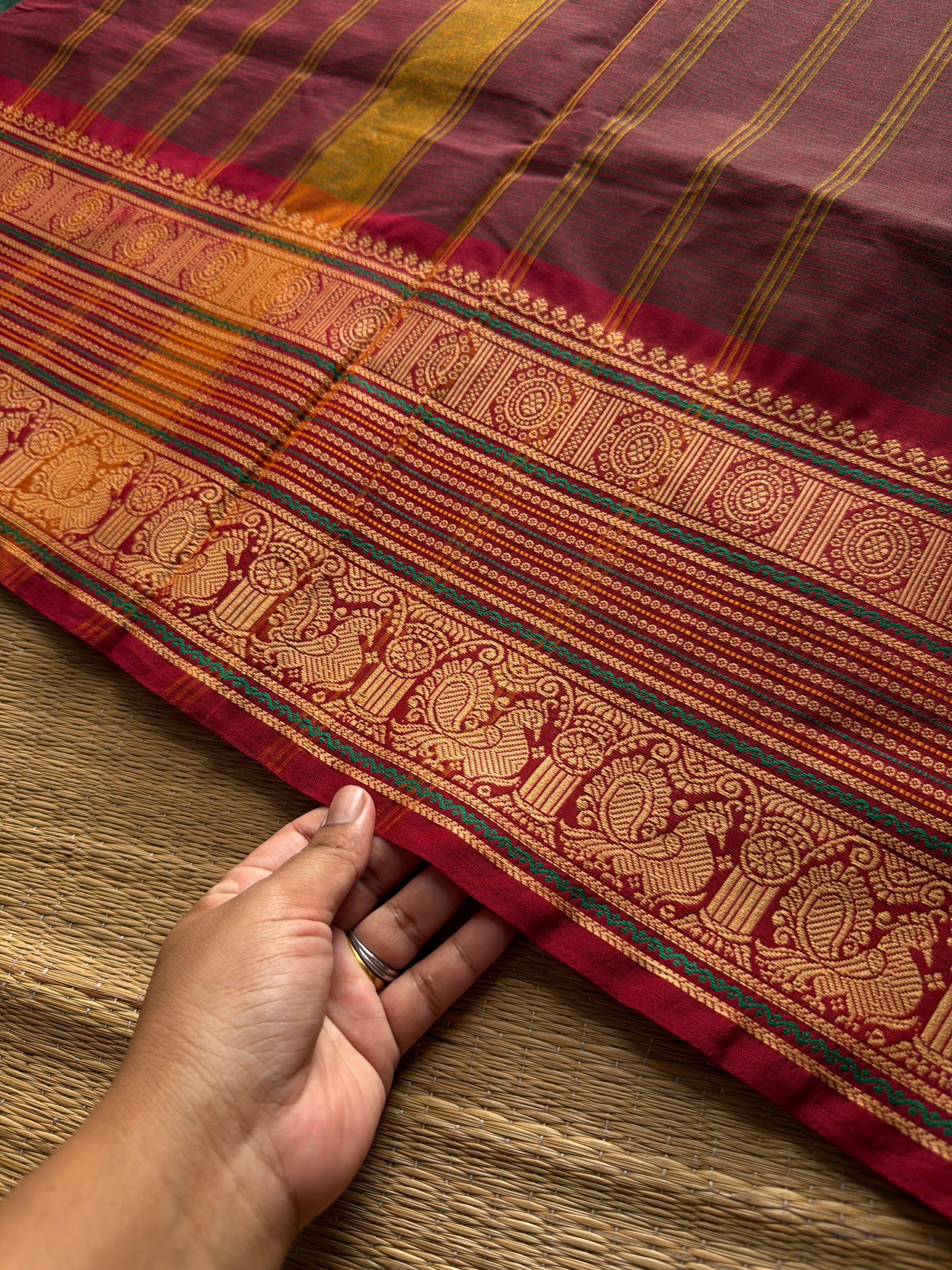 RF908 Maroon ~ Soft Thread border Kanchi cotton saree with small stripped lines pattern