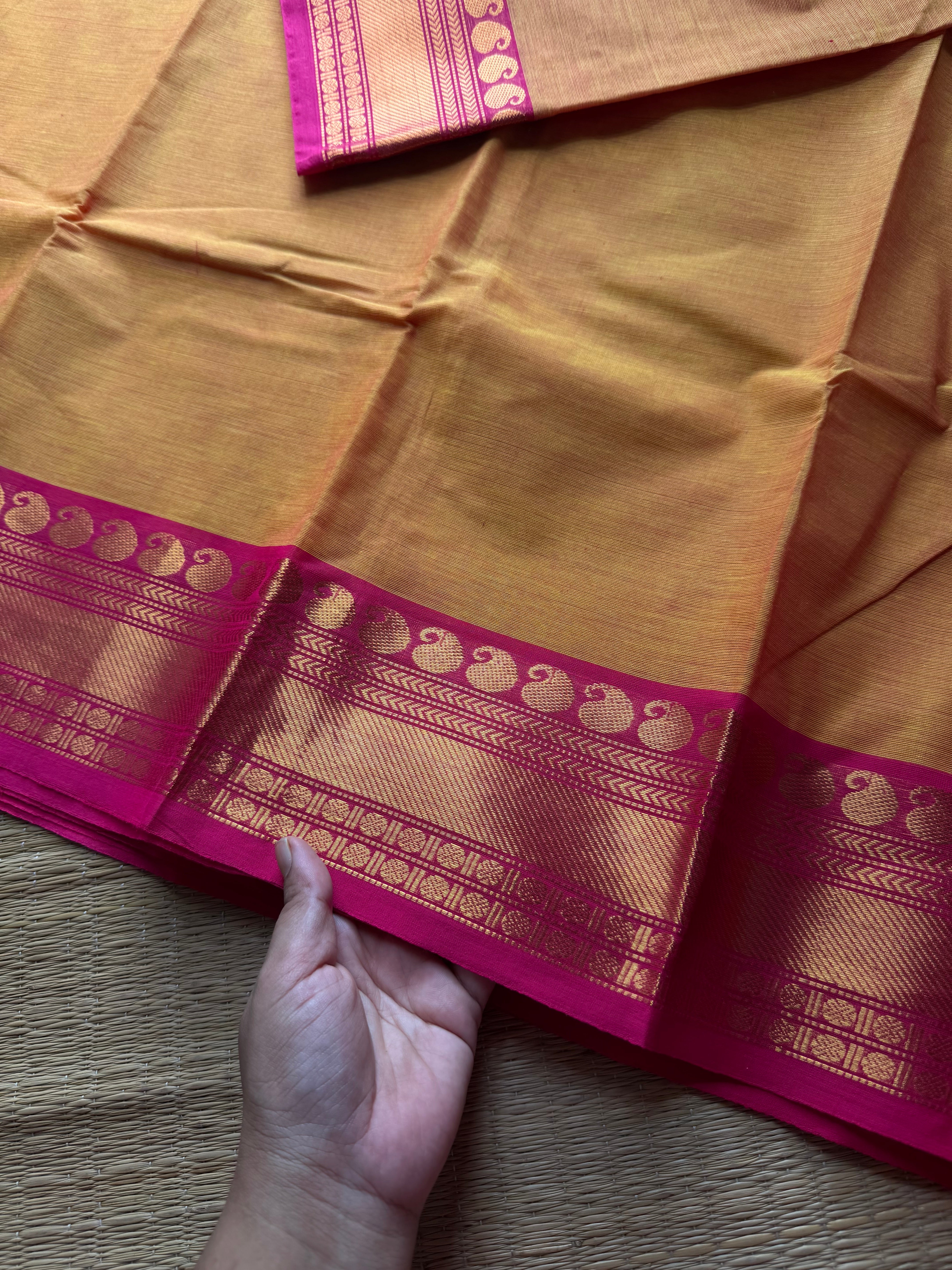 RF598 Dark mango shade with pink combination Kanchi cotton saree