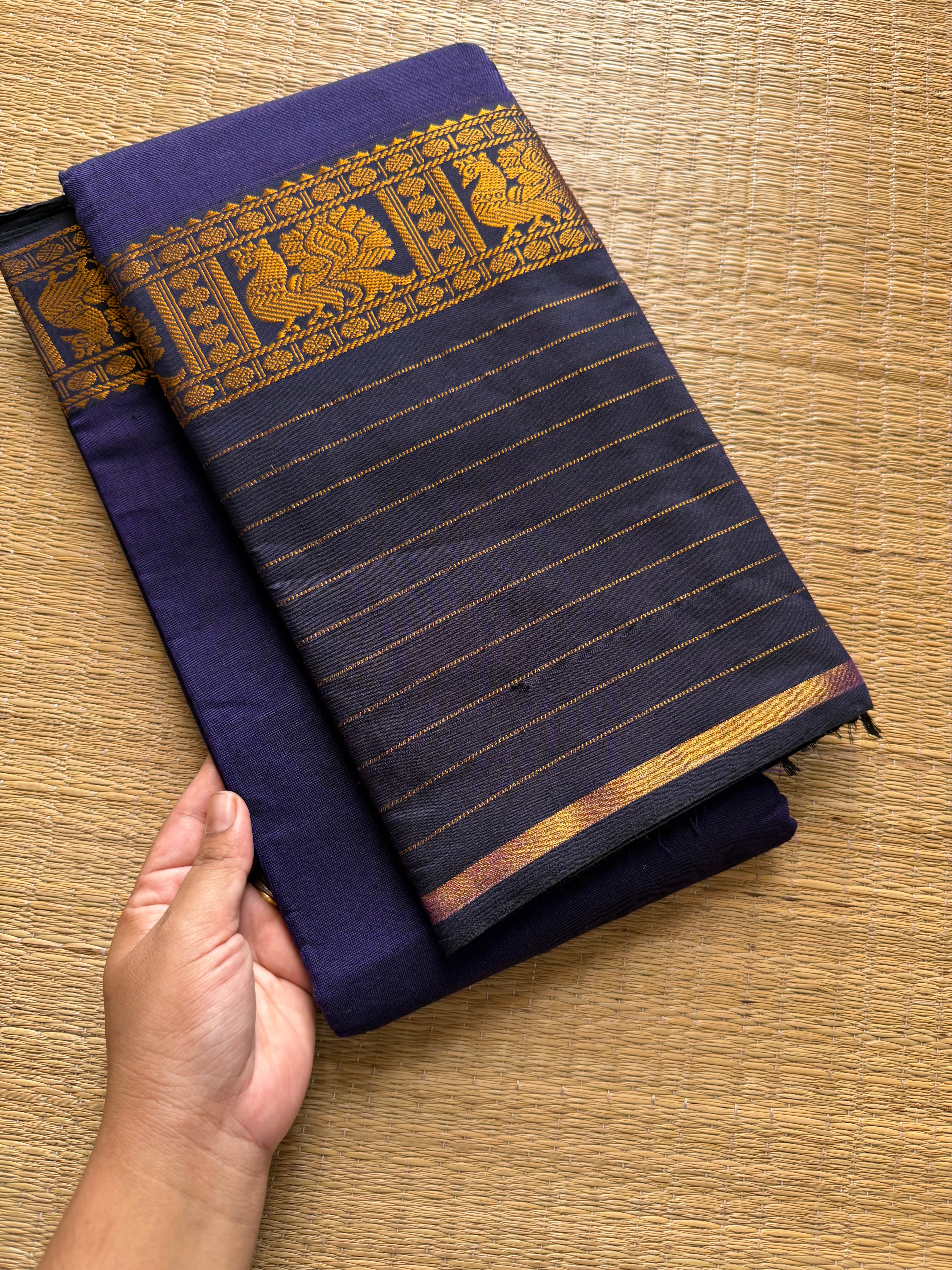 RF618 Navy blue shade Narayanpet big / long border cotton saree