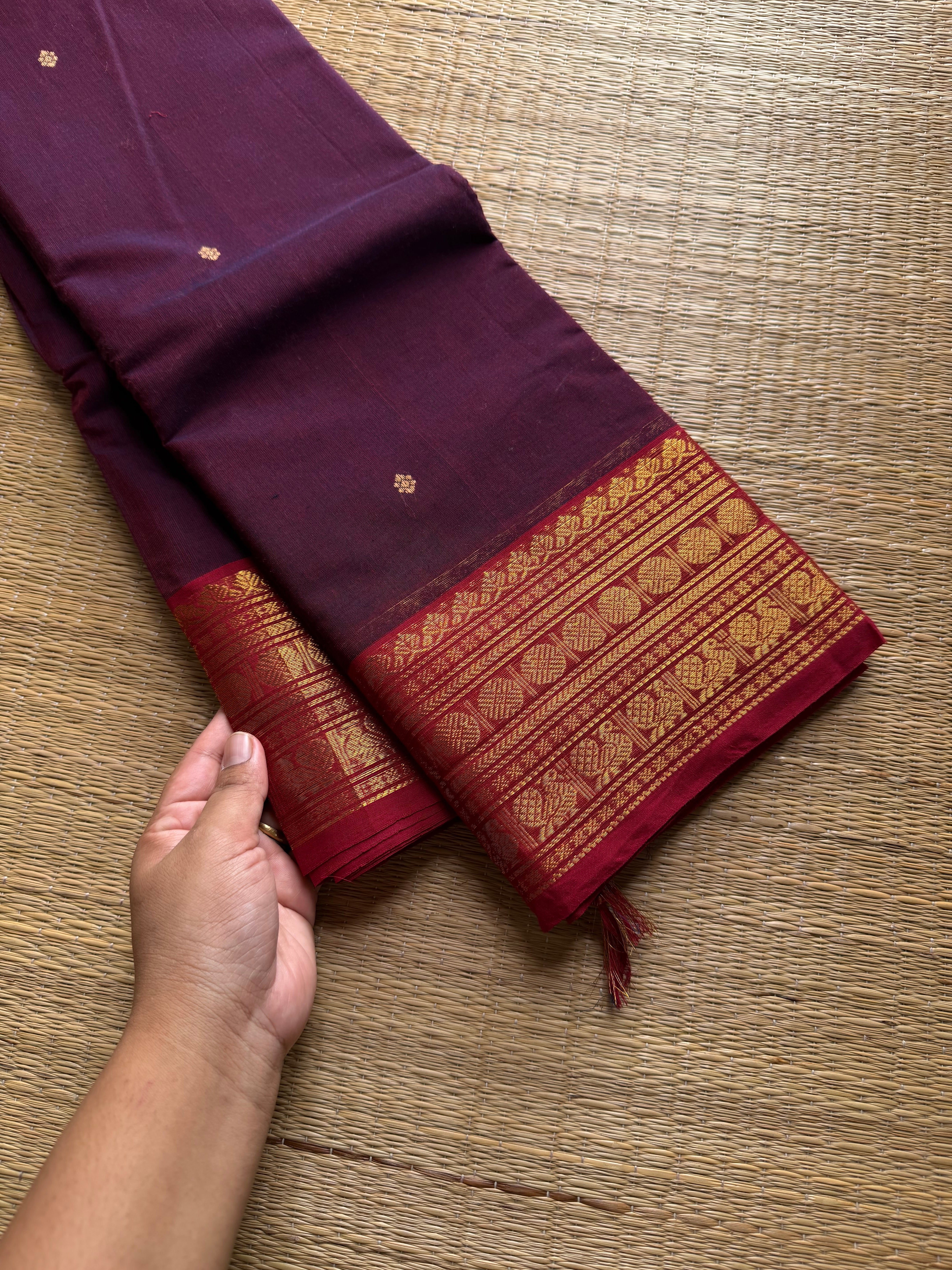 RF546 Dual tone purple shade Kanchi cotton saree with handmade thread buttas
