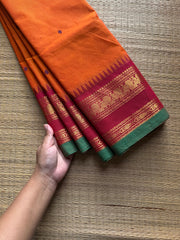 RF864 Orange shade Kanchi cotton saree with handmade thread buttas