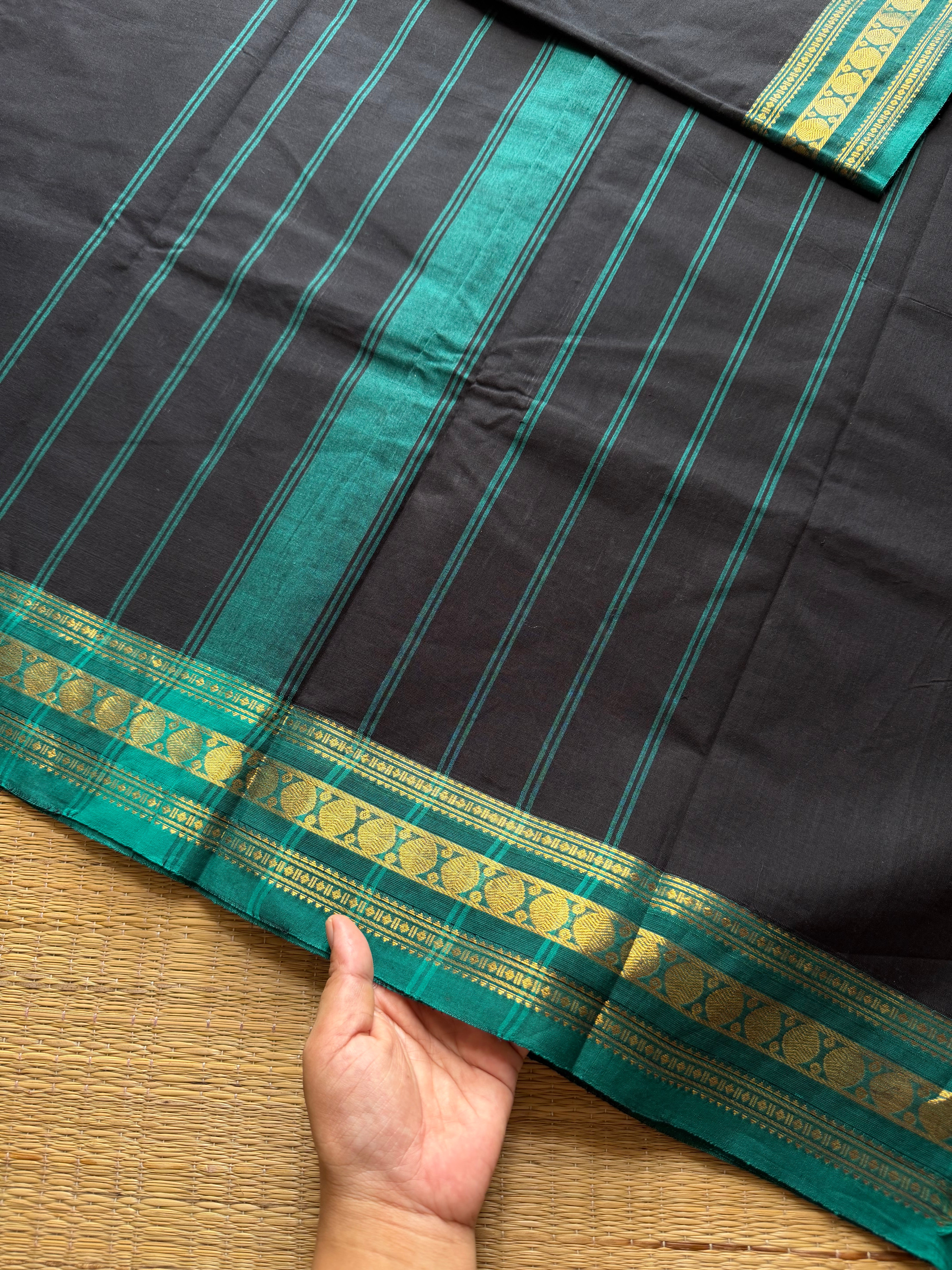RF444 Black with teal blue combination small border Kanchi cotton saree