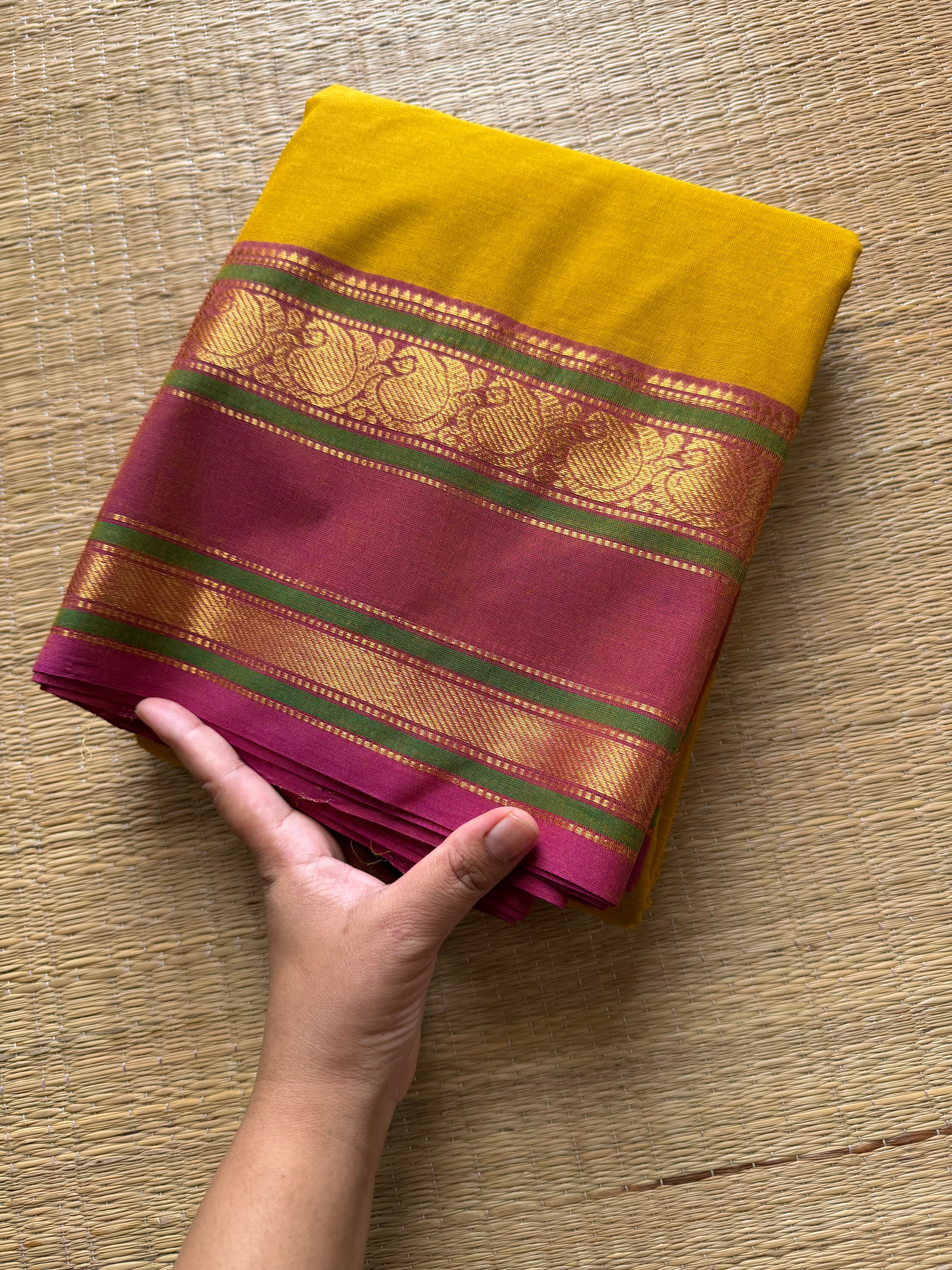Mustard yellow with pink combination Silk saree inspired Kanchi cotton saree