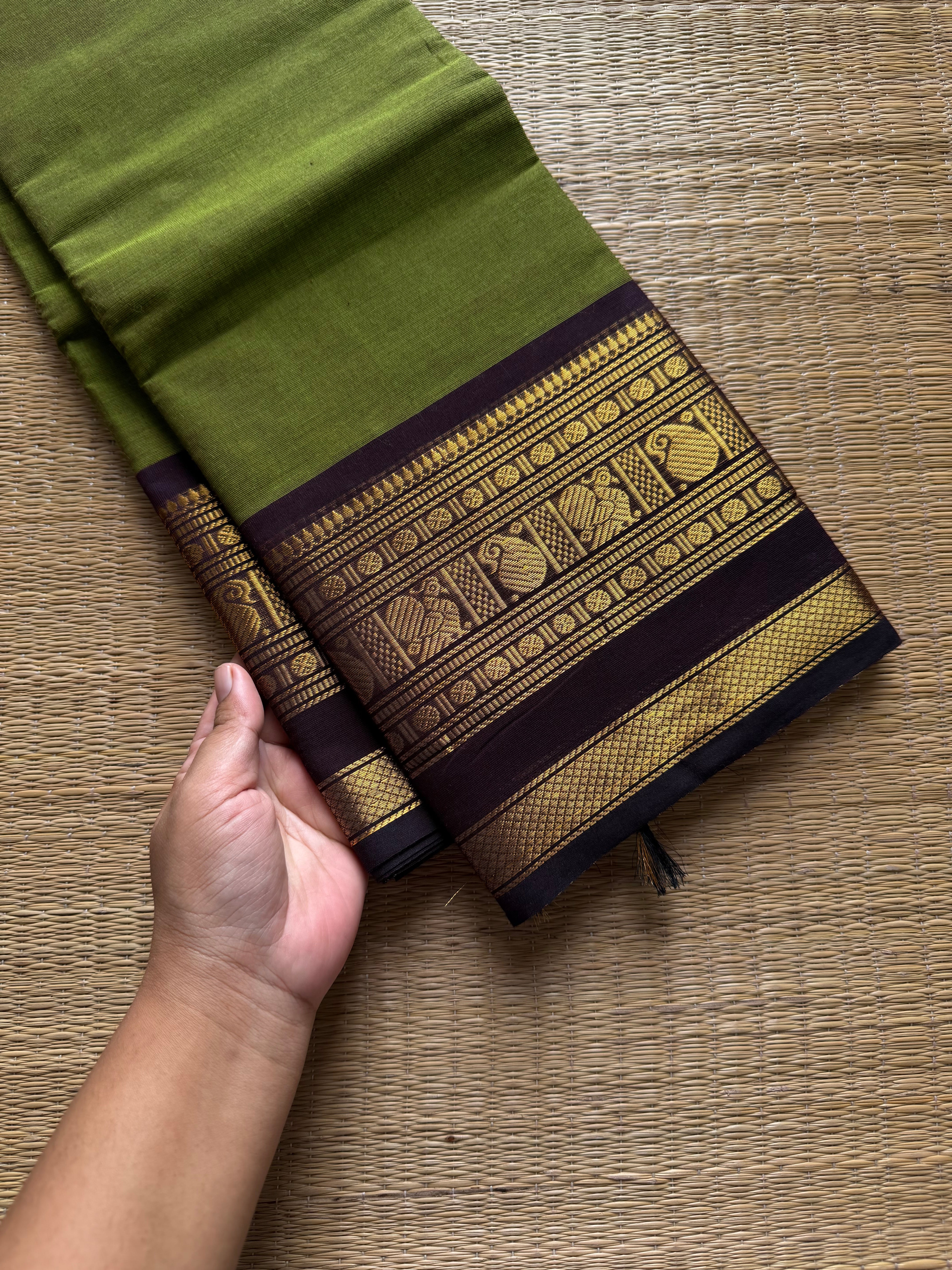 RF1076 Green with brown combination Kanchi cotton saree