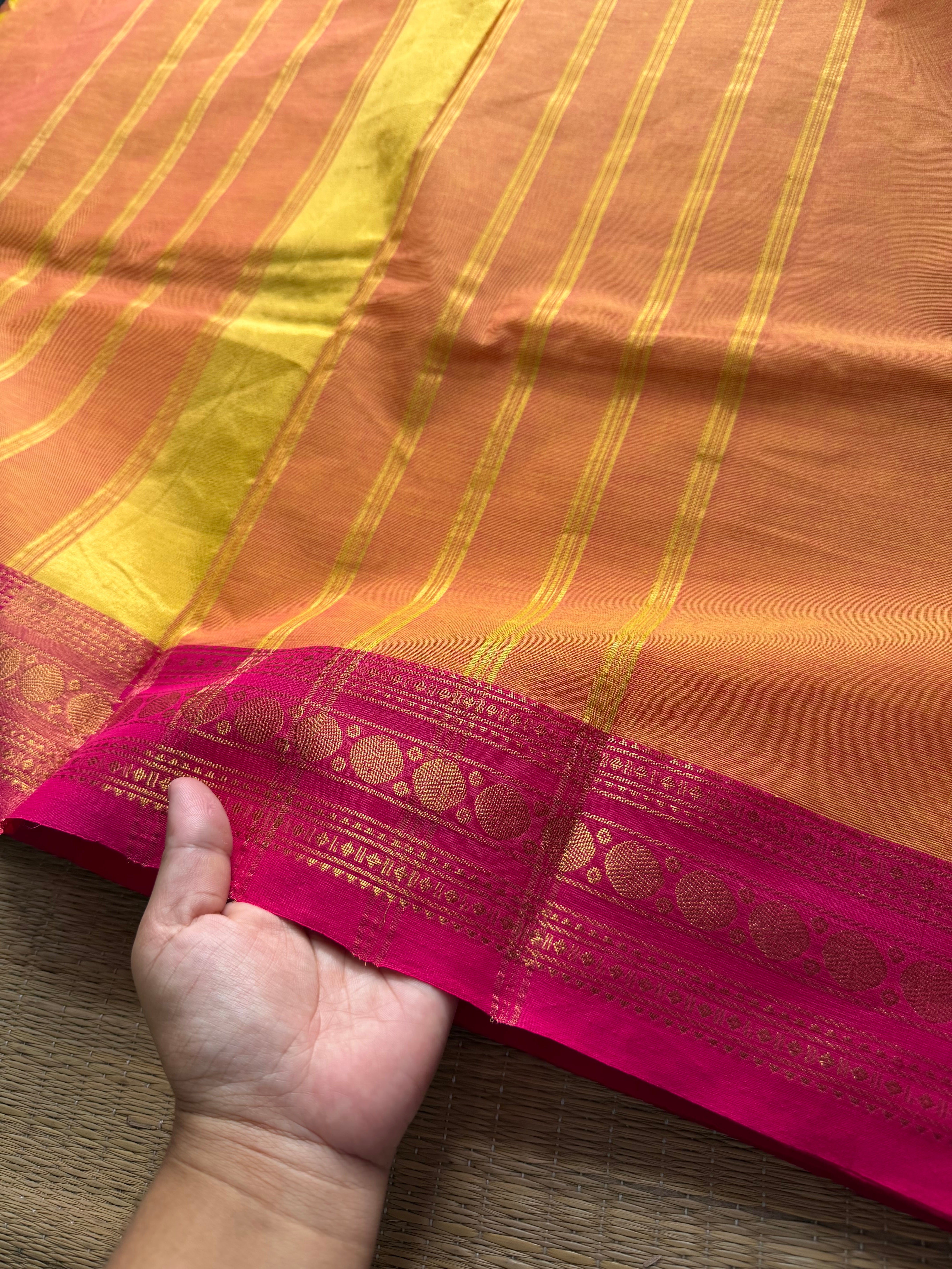 RF281 Dark Mango Shade with contrast pink combination small border Kanchi cotton saree