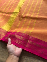 RF281 Dark Mango Shade with contrast pink combination small border Kanchi cotton saree