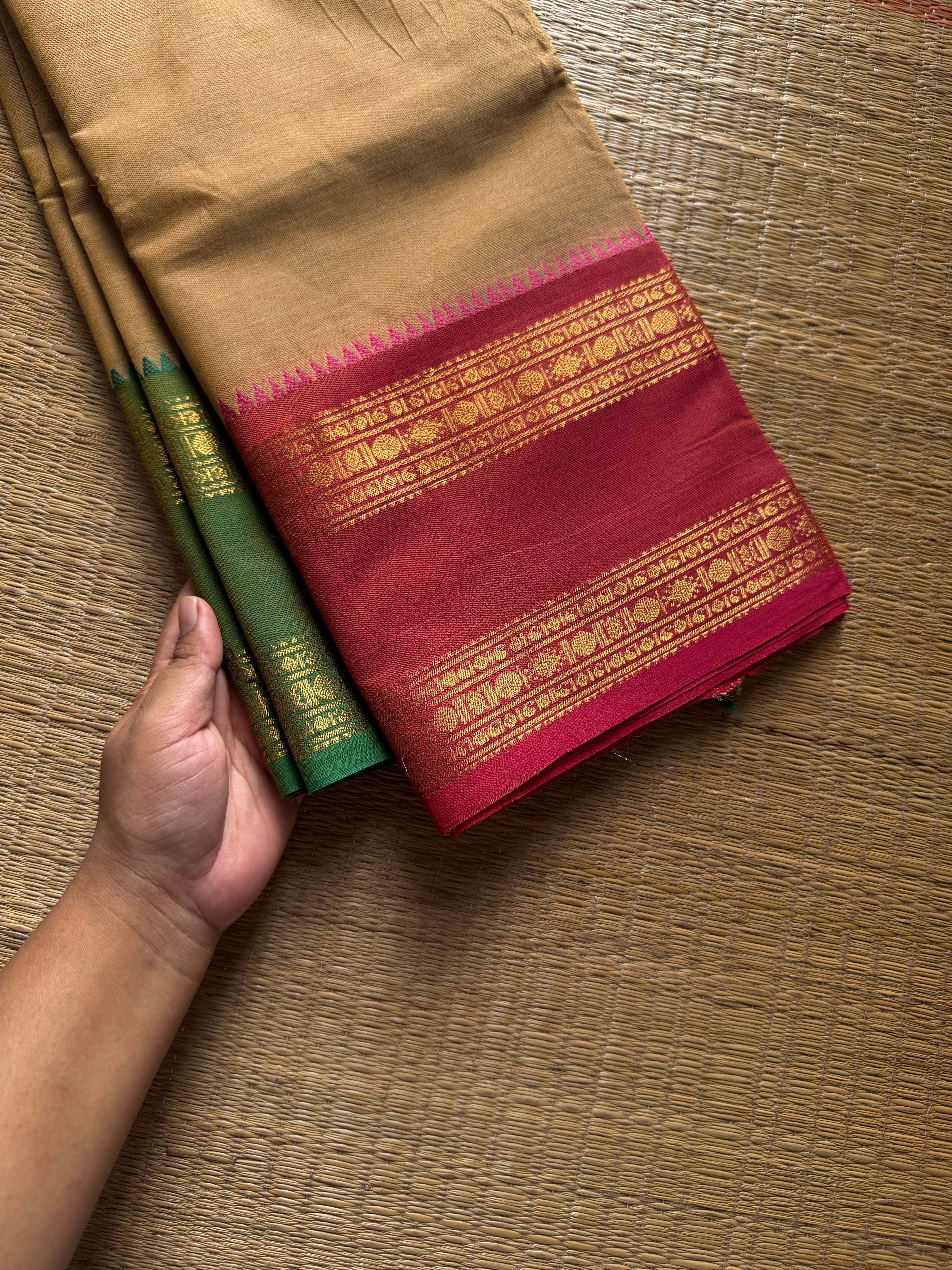 RF1418 Beige shade Kanchi cotton saree with Ganga Jamuna border