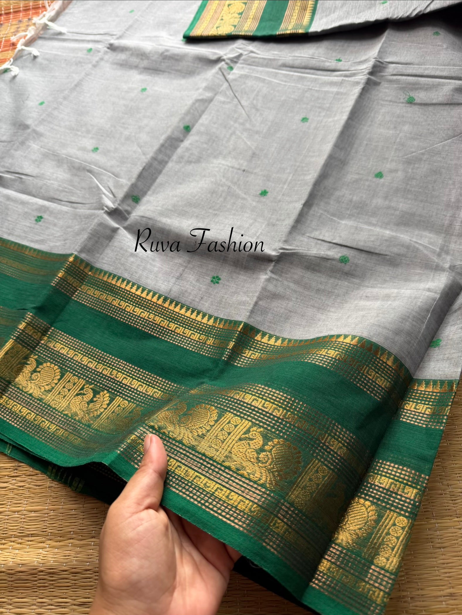 RF107 Grey With contrast Green combination Kanchi cotton saree with Handmade thread buttas