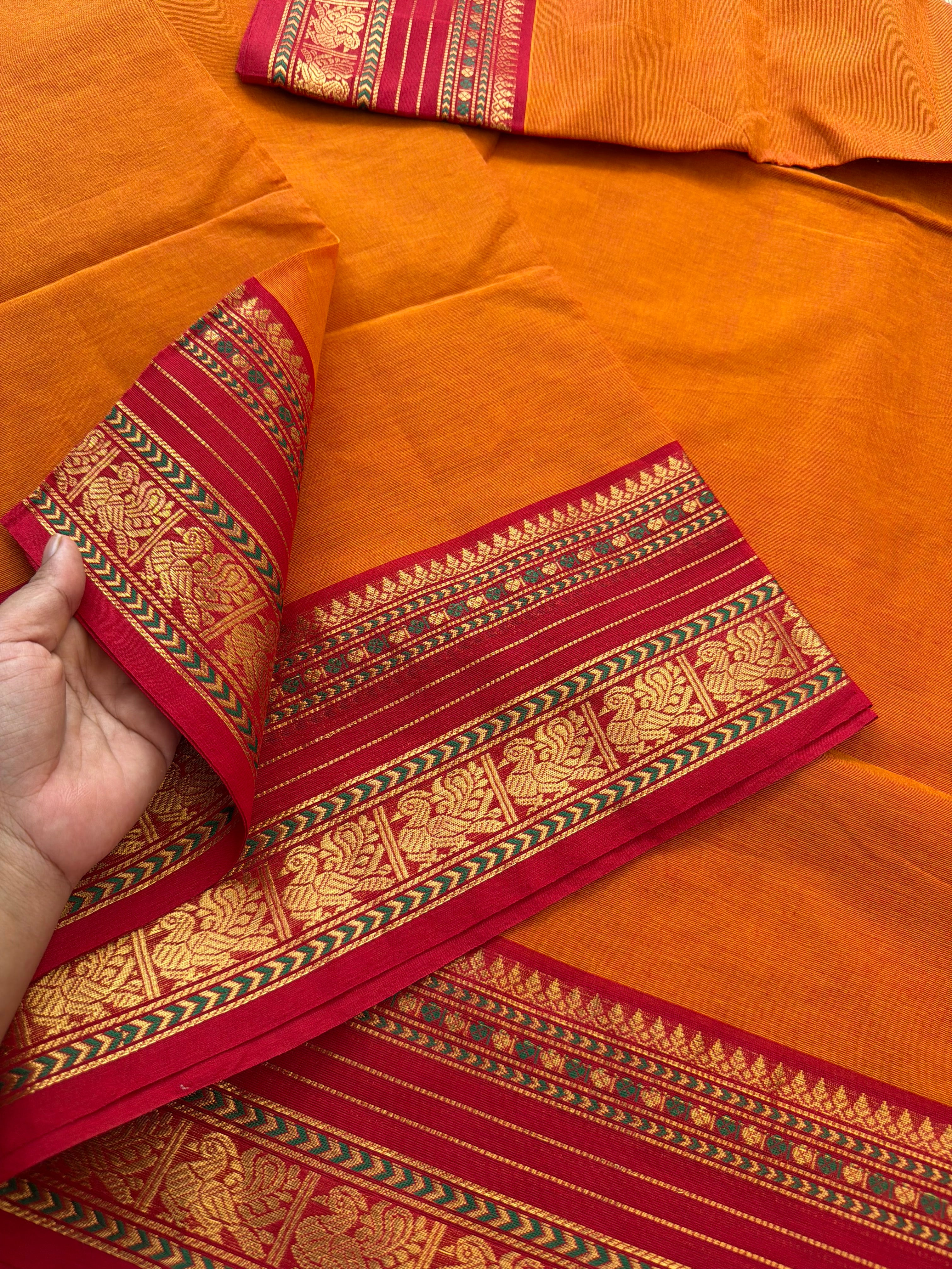 RF173 Orange with green combination Kanchi cotton saree