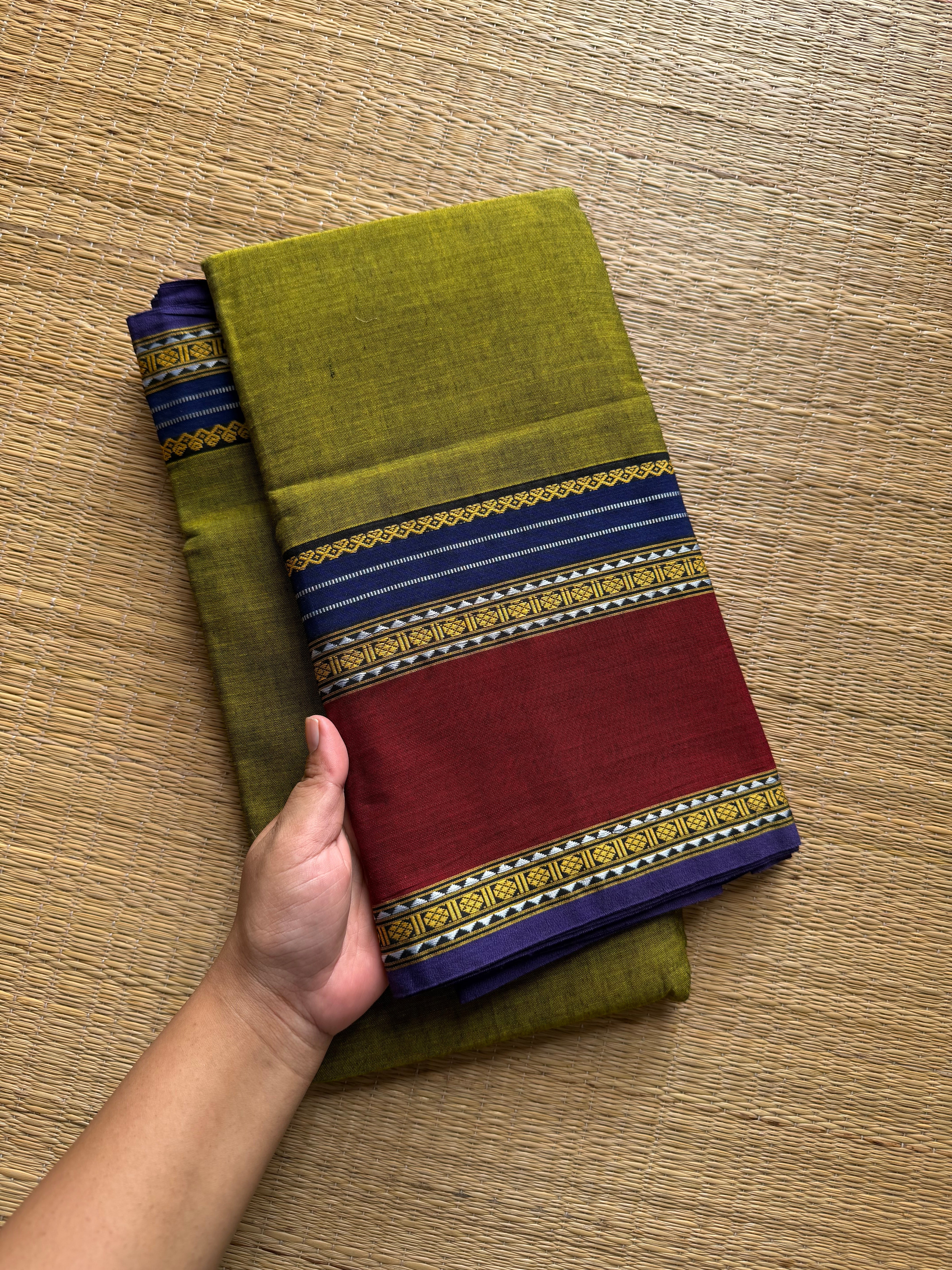 RF490 Green with royal blue combination vintage style gap border mercerised Narayanpet  cotton saree