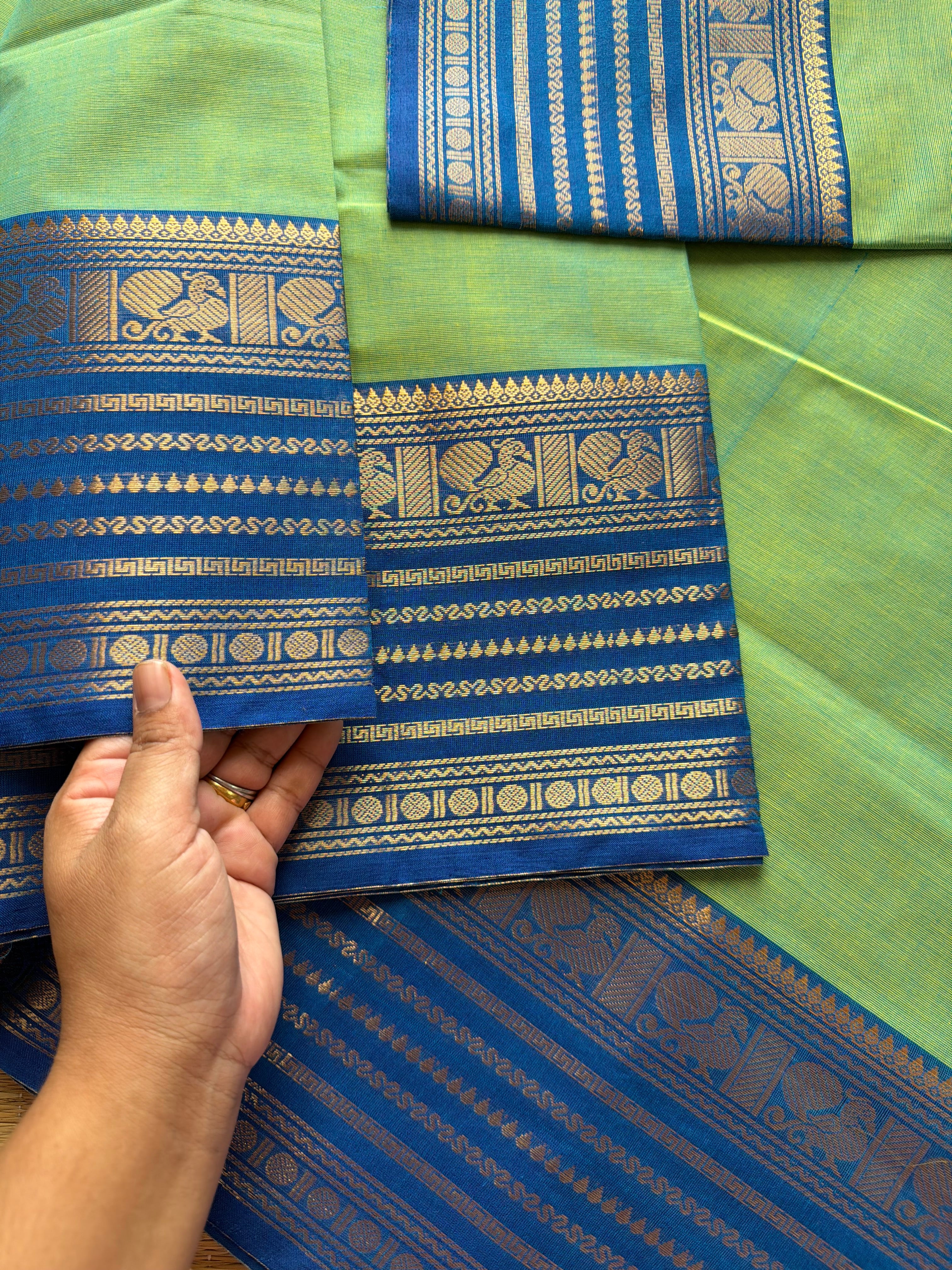 Dual tone Apple green with blue combination Kanchi cotton saree with Varisaipet Border