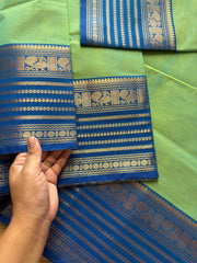 Dual tone Apple green with blue combination Kanchi cotton saree with Varisaipet Border