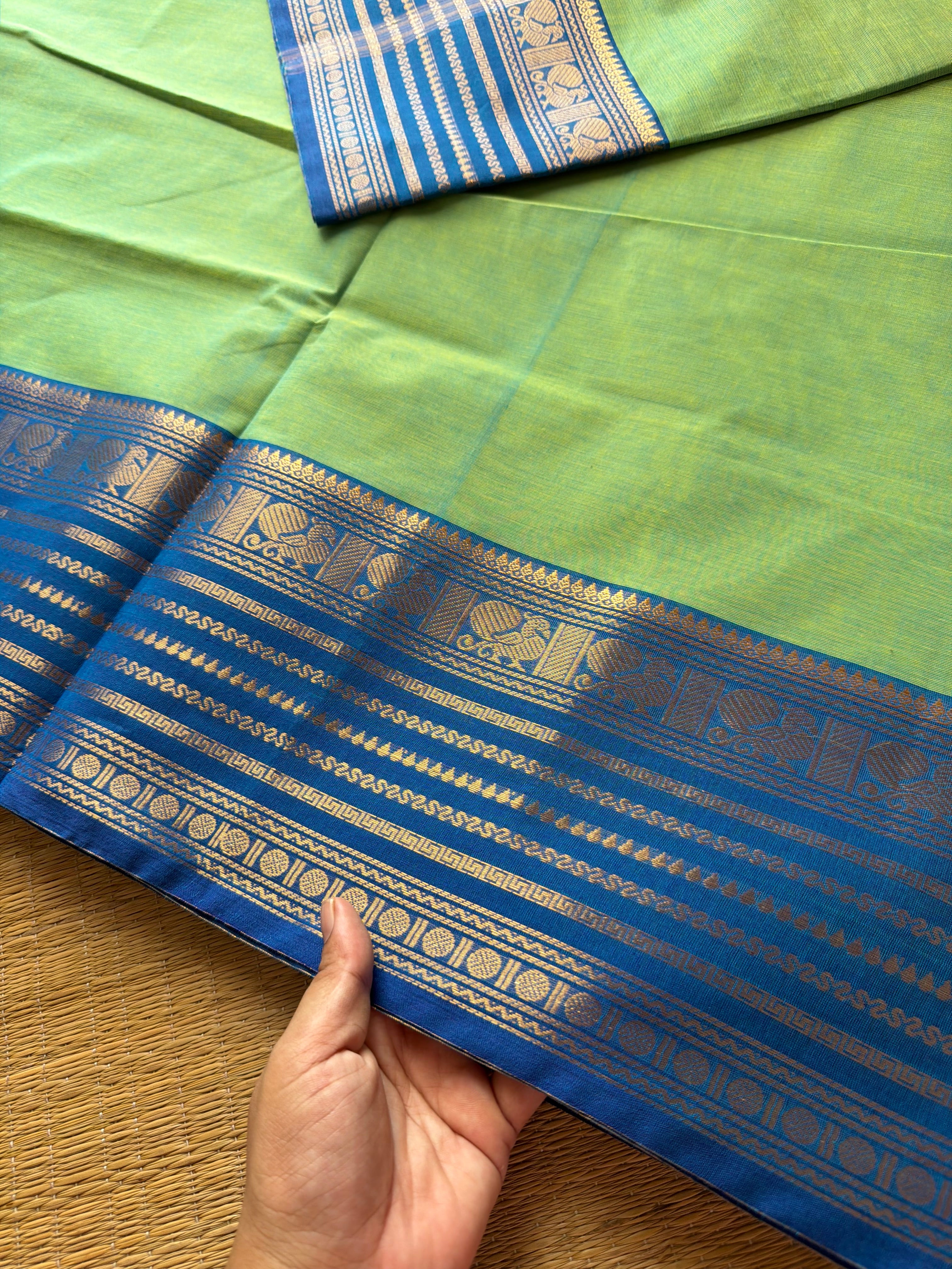 Dual tone Apple green with blue combination Kanchi cotton saree with Varisaipet Border