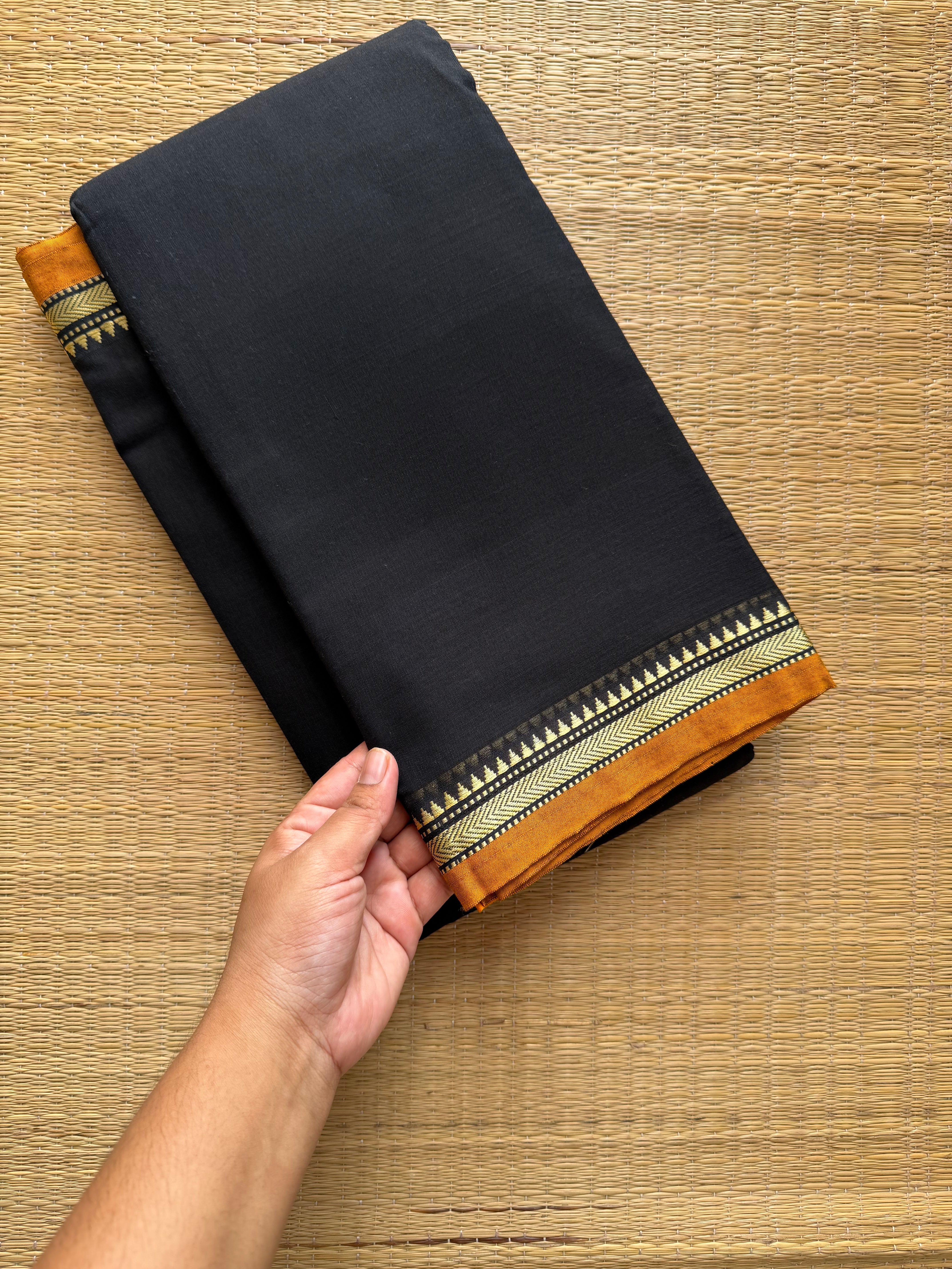 RF258 Black Narayanpet Mercerised Cotton Saree With contrast mustard yellow small thread border and contrast Pallu