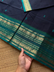 RF797 Navy blue with teal blue combination Kanchi cotton saree with handmade thread buttas
