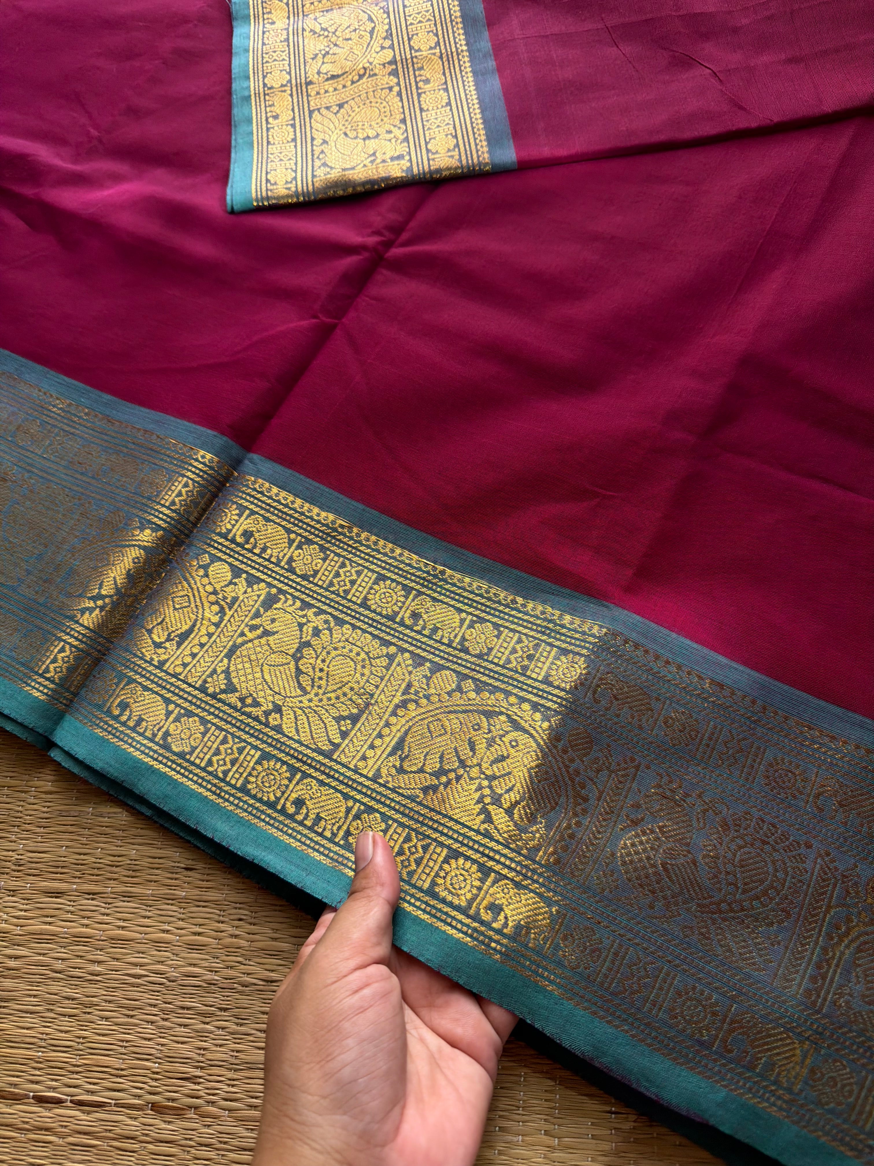 RF679 Dark magenta pink shade Kanchi cotton saree with silk saree inspired Annam and elephant pattern border