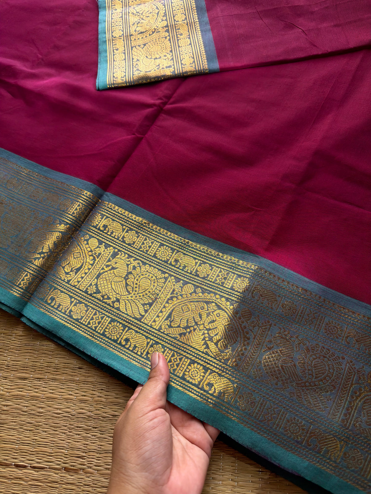RF679 Dark magenta pink shade Kanchi cotton saree with silk saree inspired Annam and elephant pattern border