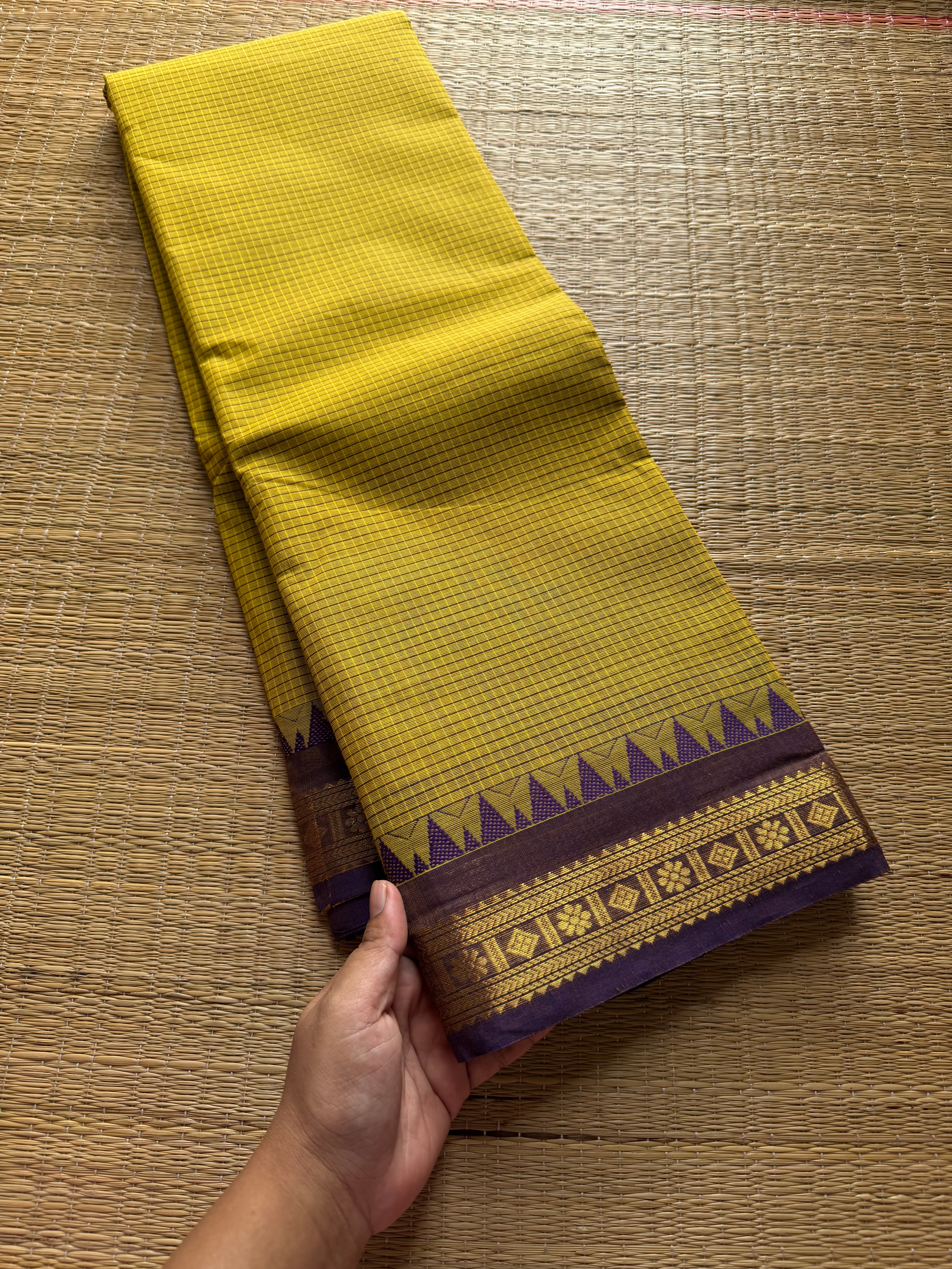 RF108 Premium small border vintage  Podikattam Kanchi cotton saree with Mustard Yellow and light purple shade