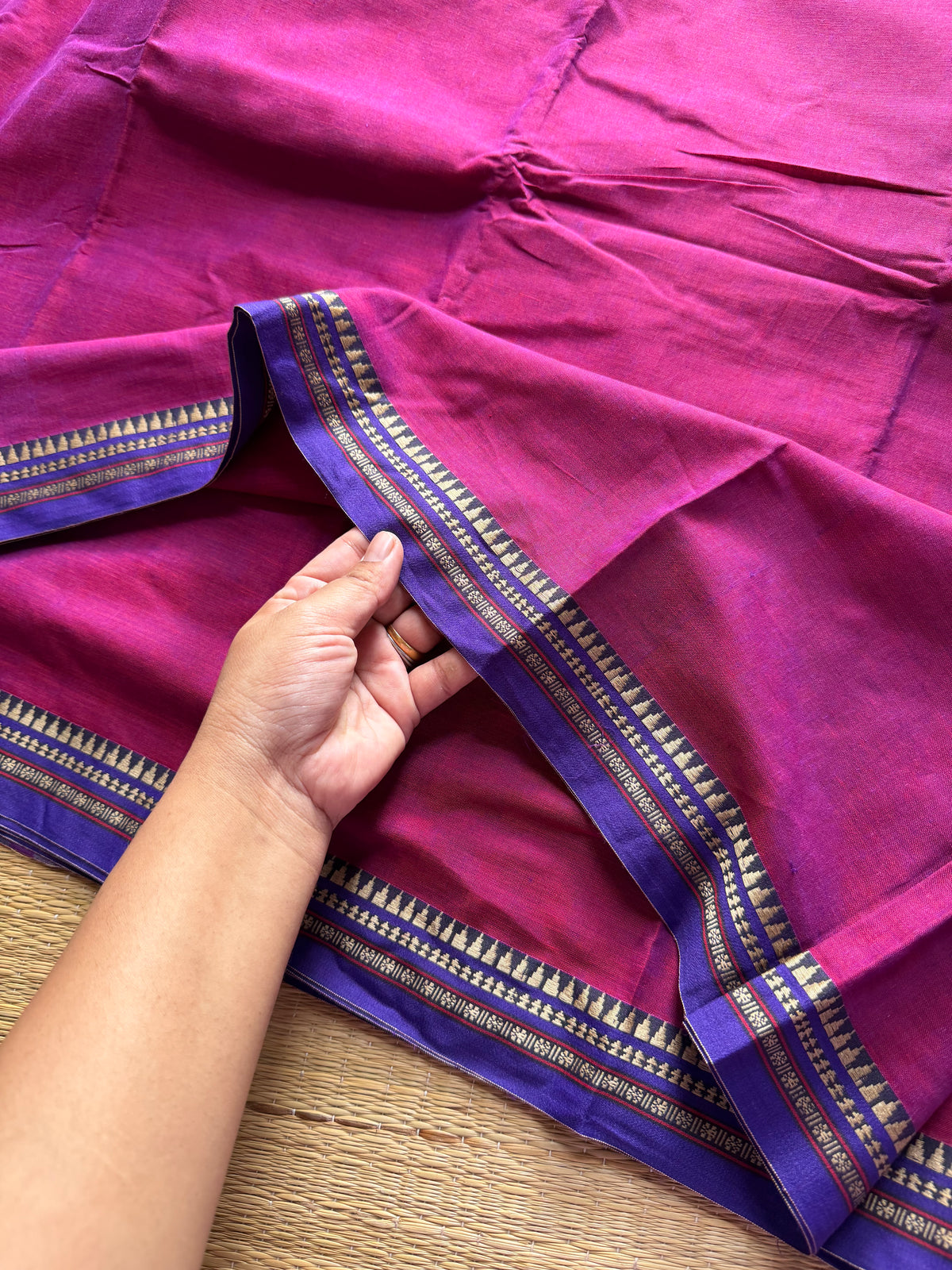 RF455 Magenta pink shade Mercerised Narayanpet cotton saree with small contrast thread border