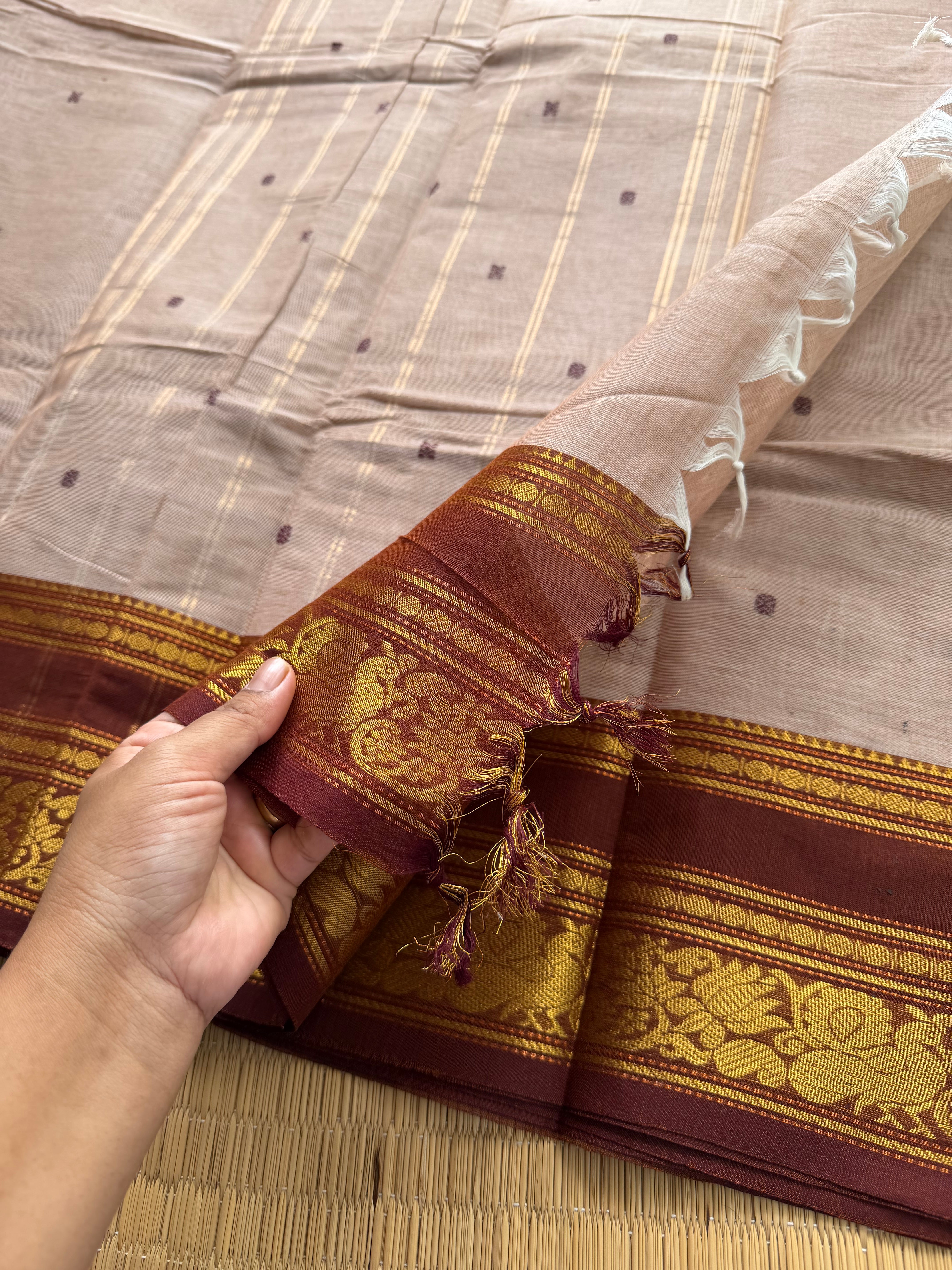 RF159 Silk Saree Inspired Cream shade Kanchi Cotton Saree with contrast Annam and lotus pattern Zari woven border