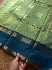RF1379 Premium 120 count Rich Pallu Kanchi cotton saree with traditional gap border & yazhi pattern buttas ~ Dual tone Apple green