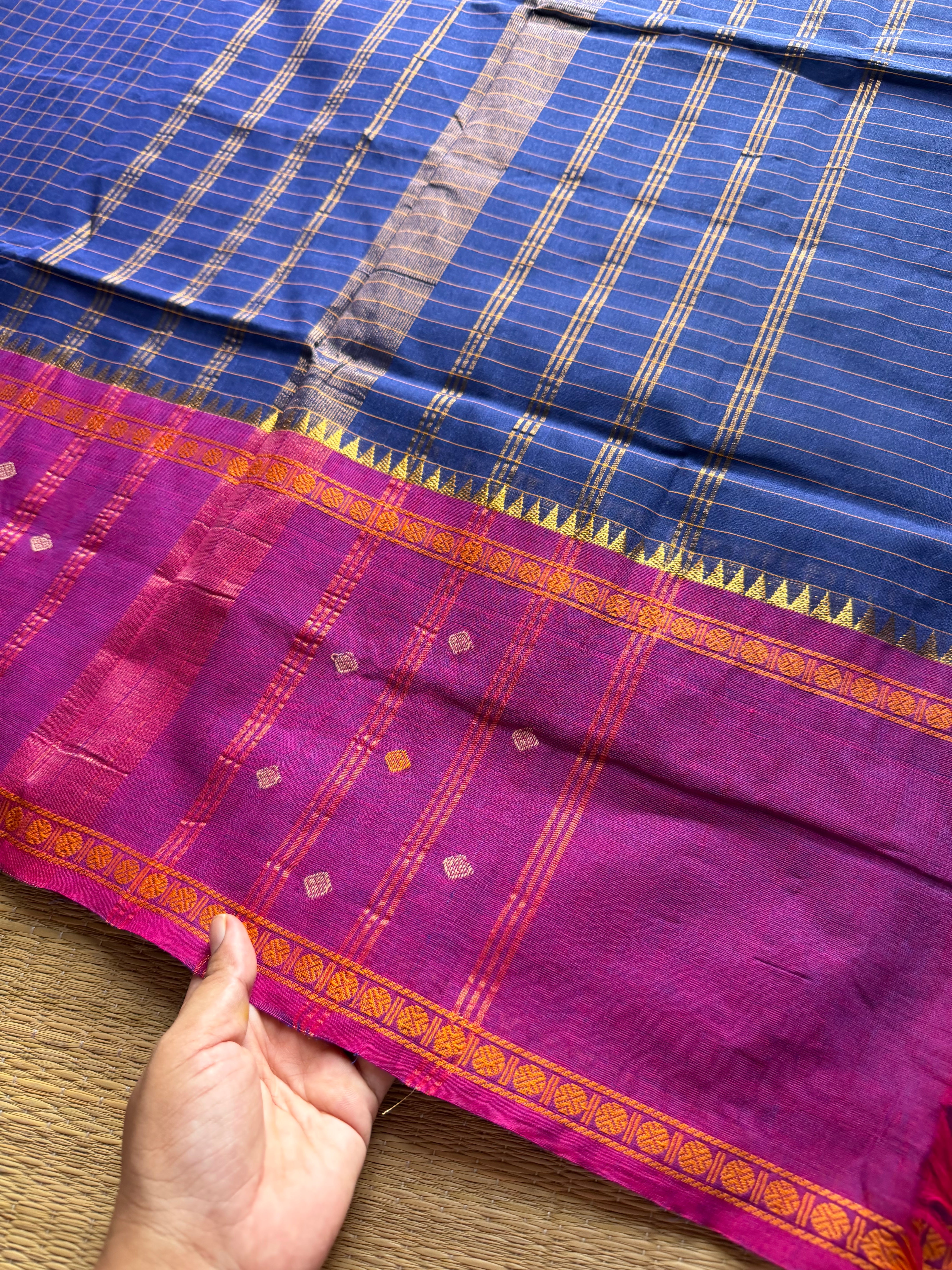 Blue with light purple combination Vintage Border Kanchi Cotton Saree With kattam / checks pattern & handwoven Buttas on the border