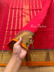 RF137 Chilli red Kanchi cotton saree featuring a classic checks (kattam) pattern, with elegant handmade thread buttas and contrast Zari border with small Thazhampoo pattern