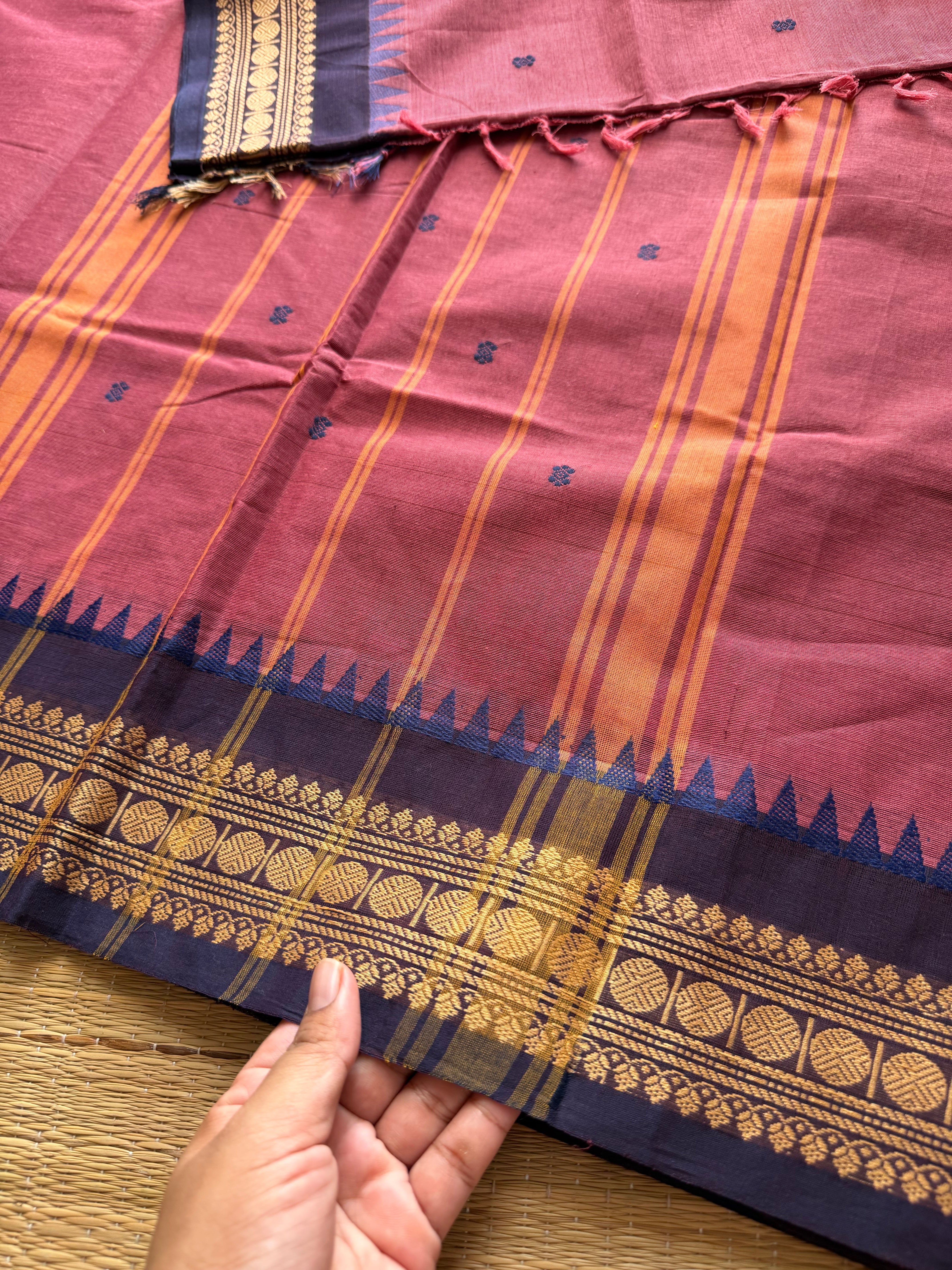 RF357 Onion pink shade Soft Kanchi Cotton Saree With Thread Border and handmade thread buttas