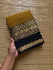 RF703 Mustard with black combination Kanchi cotton saree with handmade thread buttas