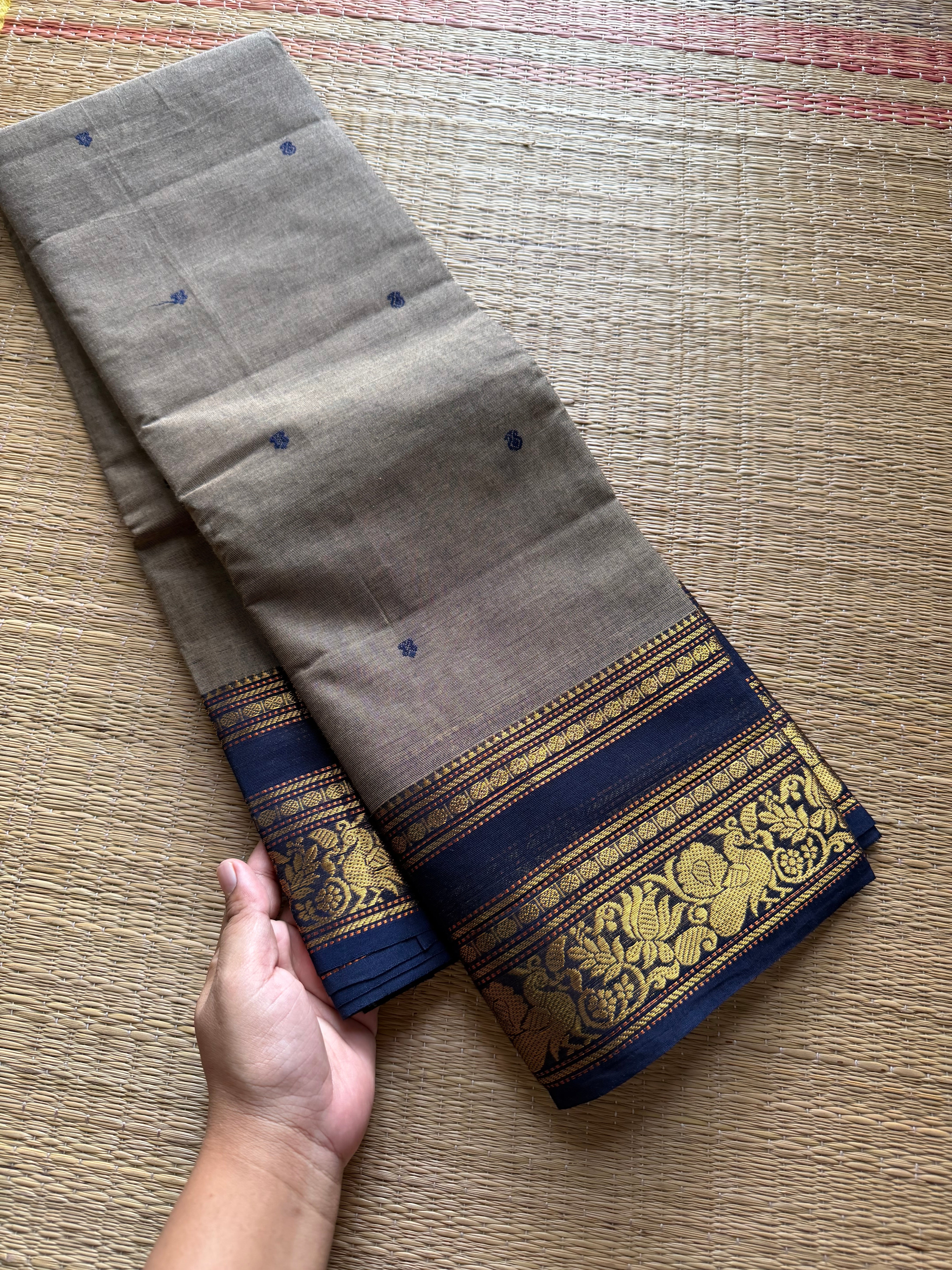 Grey Kanchi Cotton Saree With Contrast Navy Blue Shade Annam & lotus pattern border and handmade thread buttas