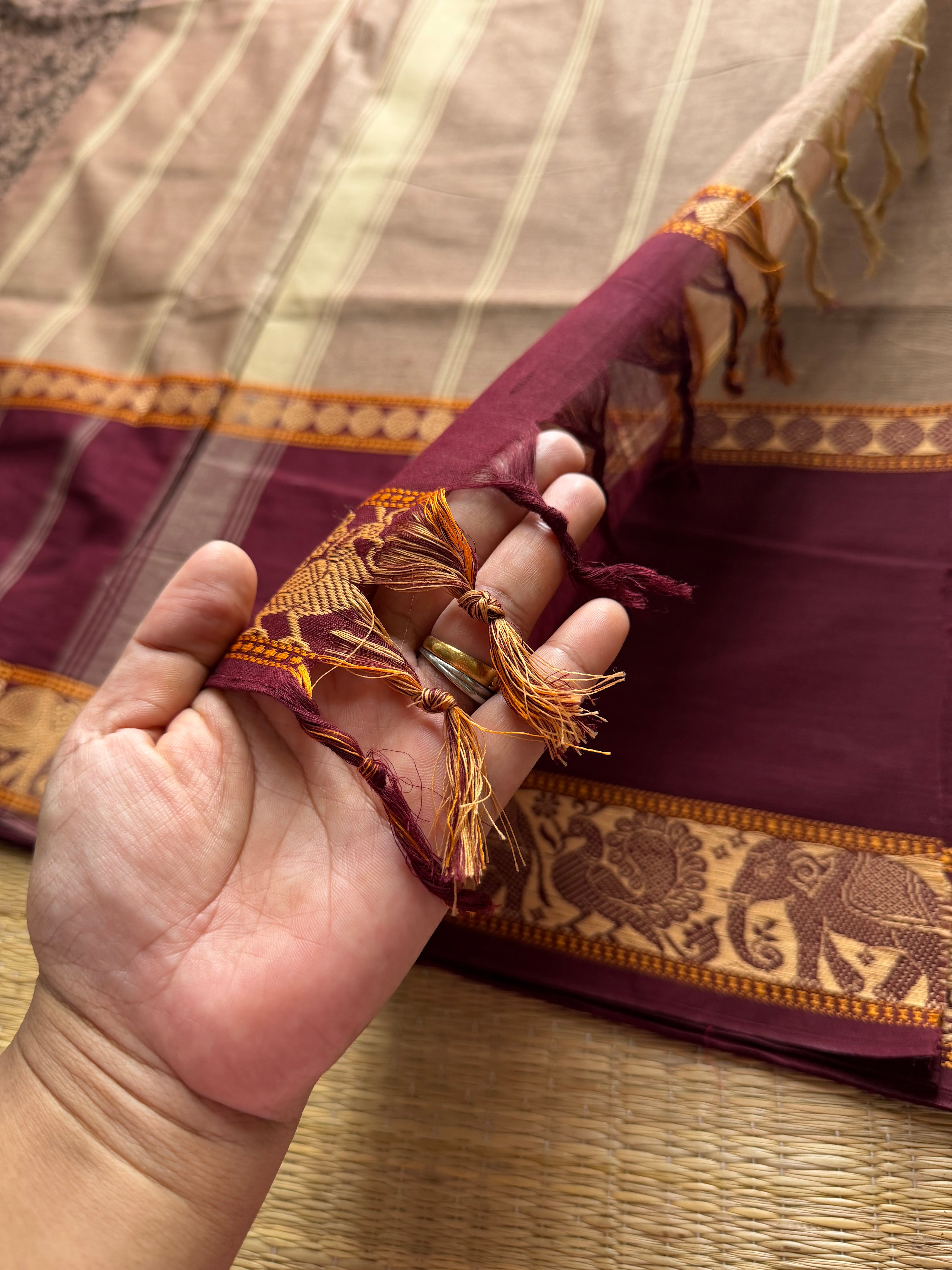 RF561 Premium & Exclusive Vanasingaram Kanchi Cotton saree ~ Biscuit with brown