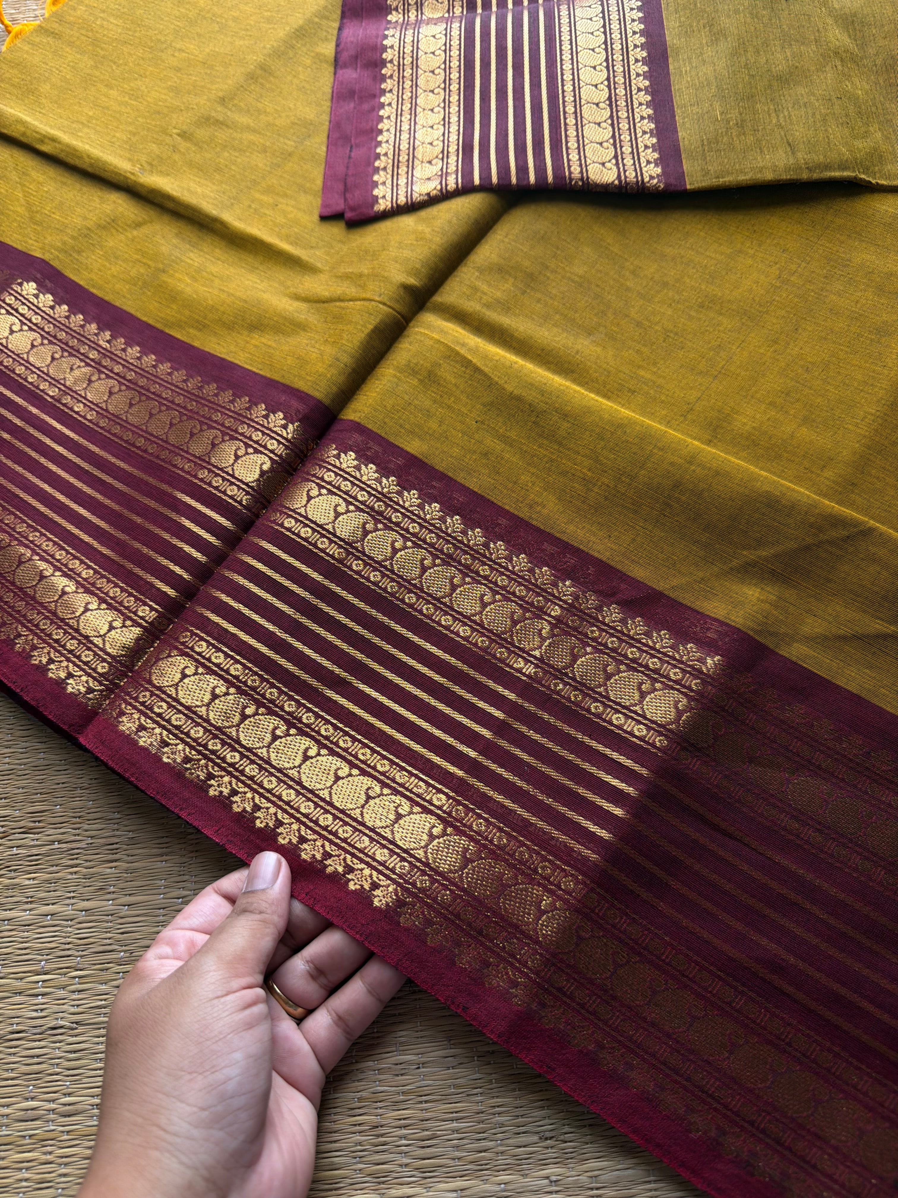 RF951 Dual tone mustard with brown shade Kanchi cotton saree