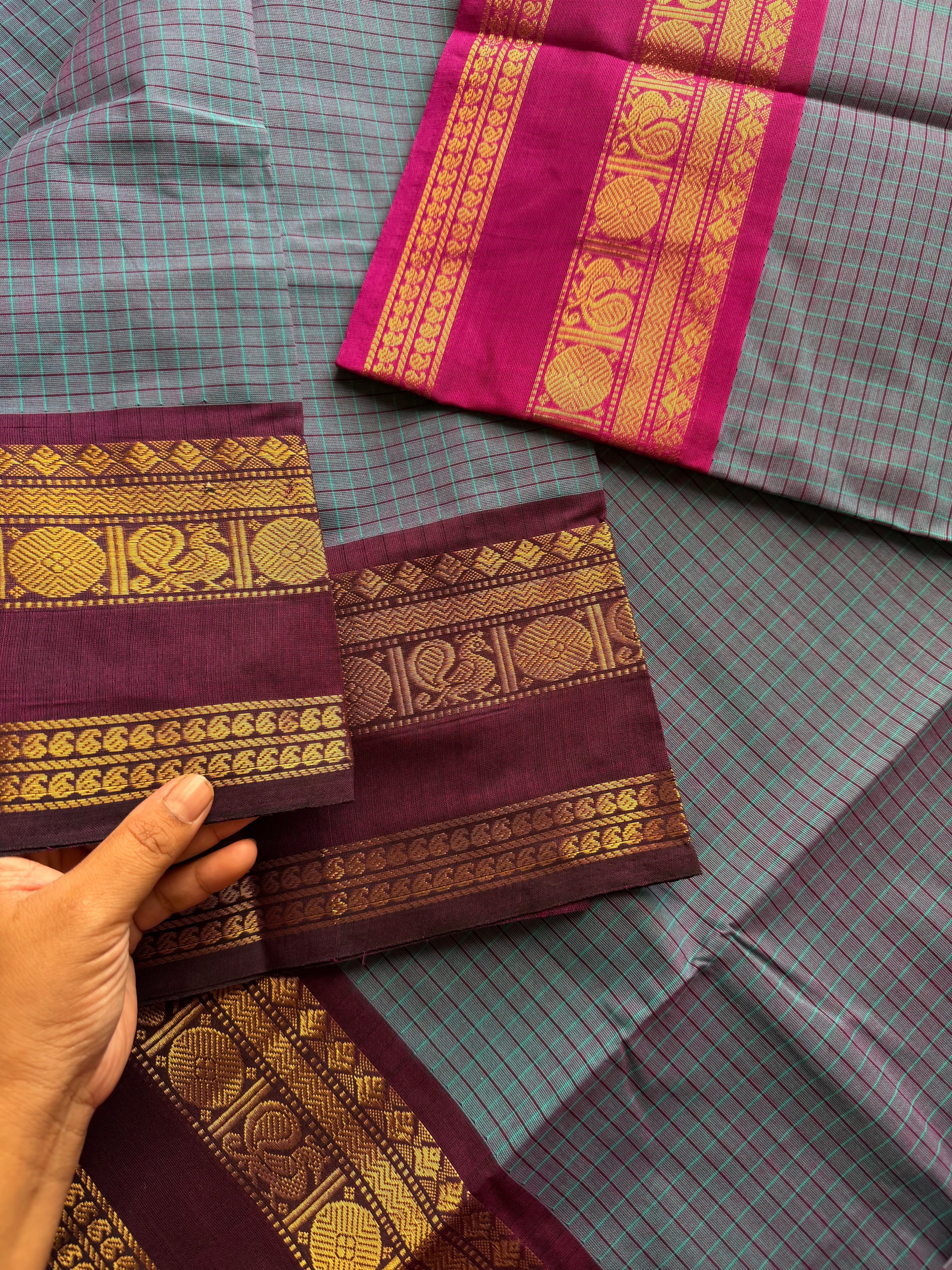 RF621 Ganga Jamuna Border Checks Pattern Kanchi Cotton Saree ~ Dual tone blue