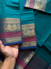 Teal blue shad Kanchi cotton saree with Annam pattern contrast border