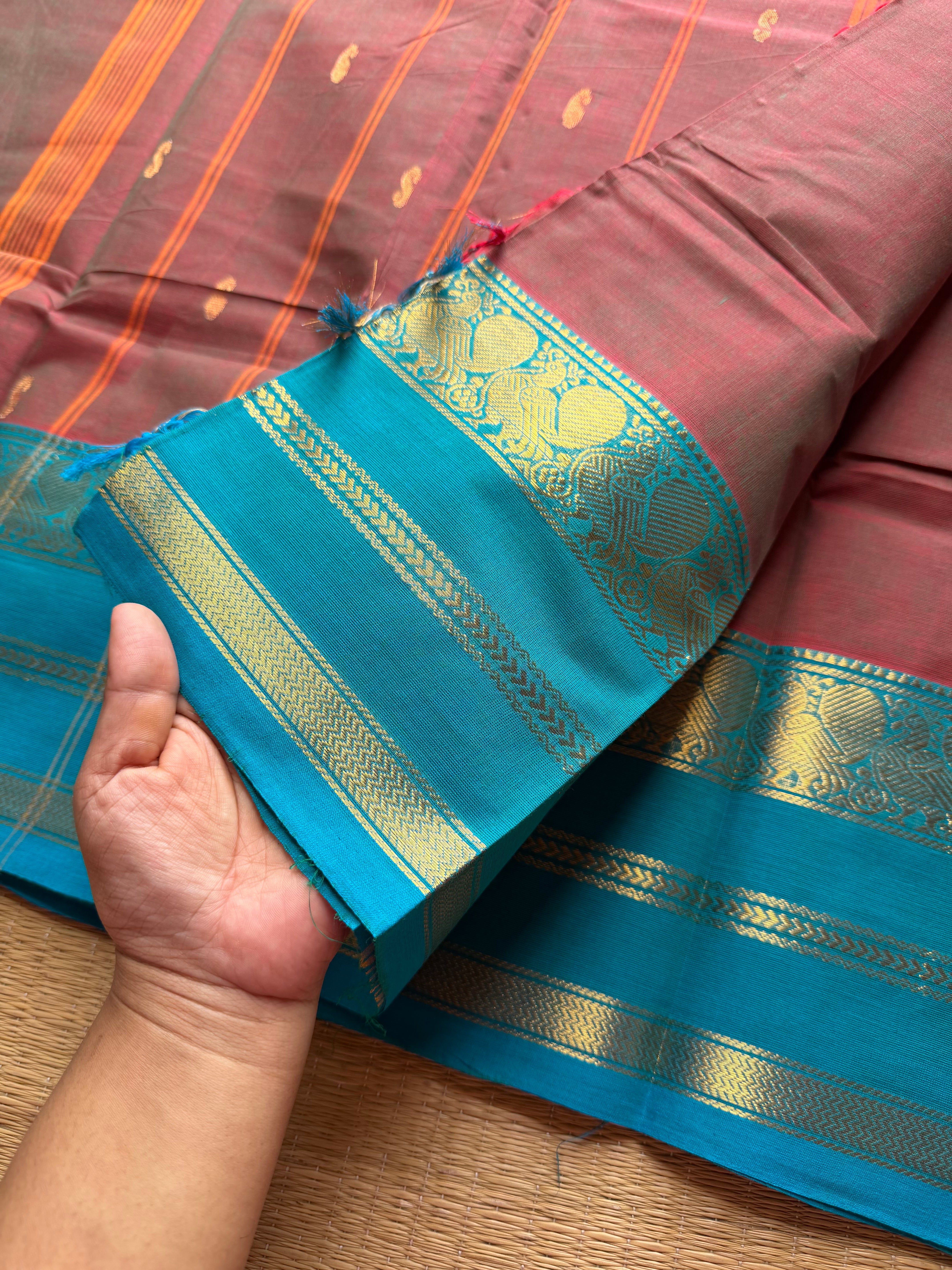 Unique and dual shade Kanchi cotton saree with contrast sky blue border and handmade golden Zari Buttas