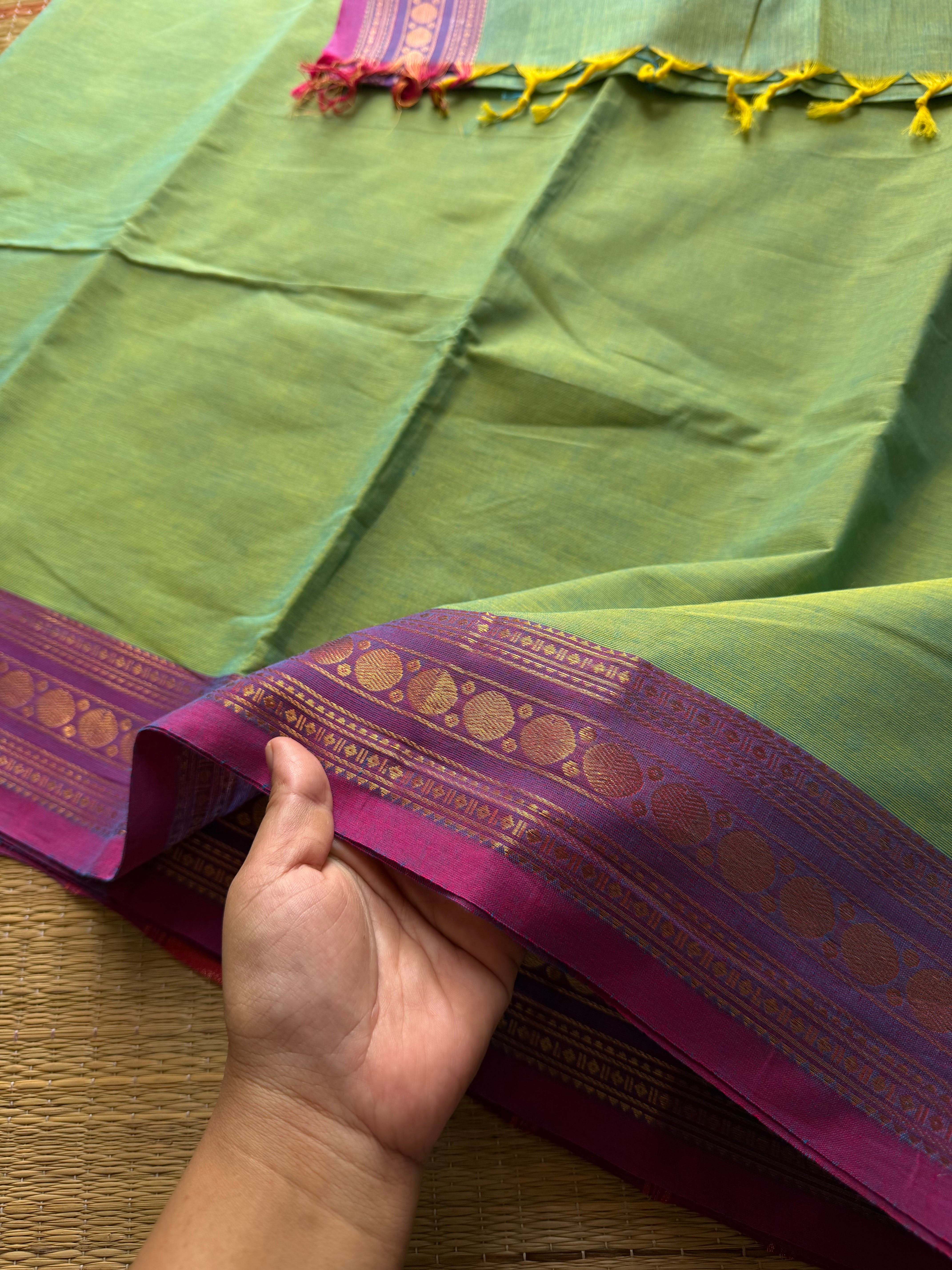 RF442 Dual tone Apple green shade with lavender combination small border Kanchi cotton sarees