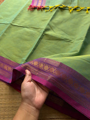 RF442 Dual tone Apple green shade with lavender combination small border Kanchi cotton sarees