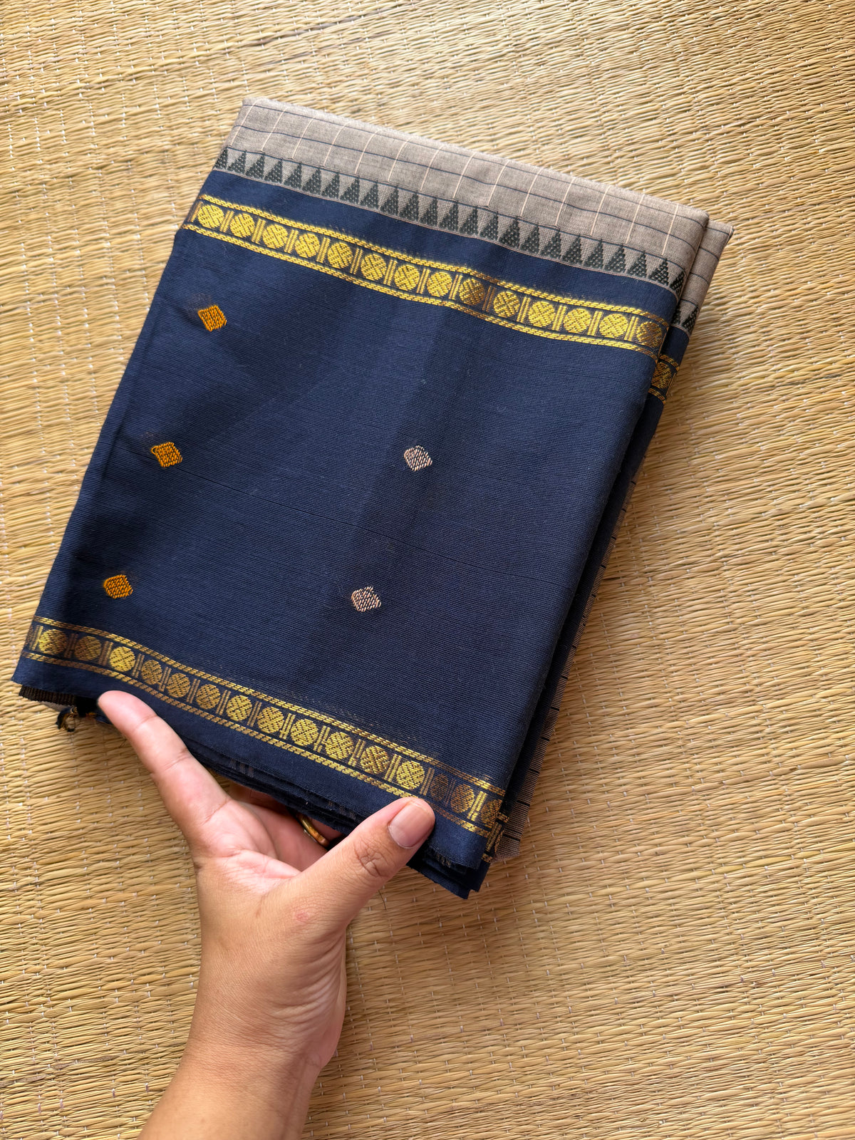 RF515 Grey with navy blue combination Vintage Border Kanchi Cotton Saree with kattam / checks pattern & handwoven Buttas on the border