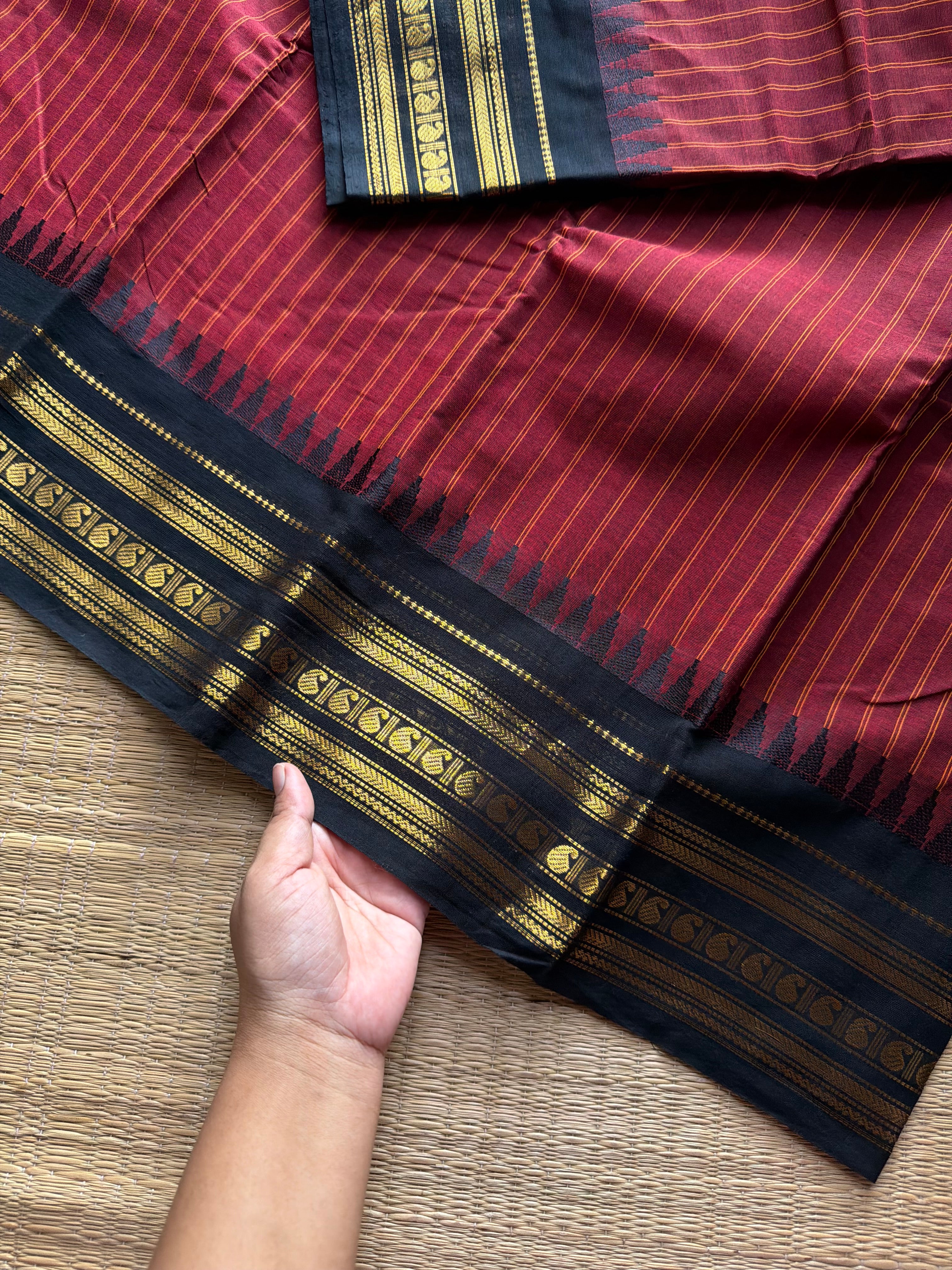 RF1043 Maroon with black combination Kanchi cotton saree with vertical stripes pattern