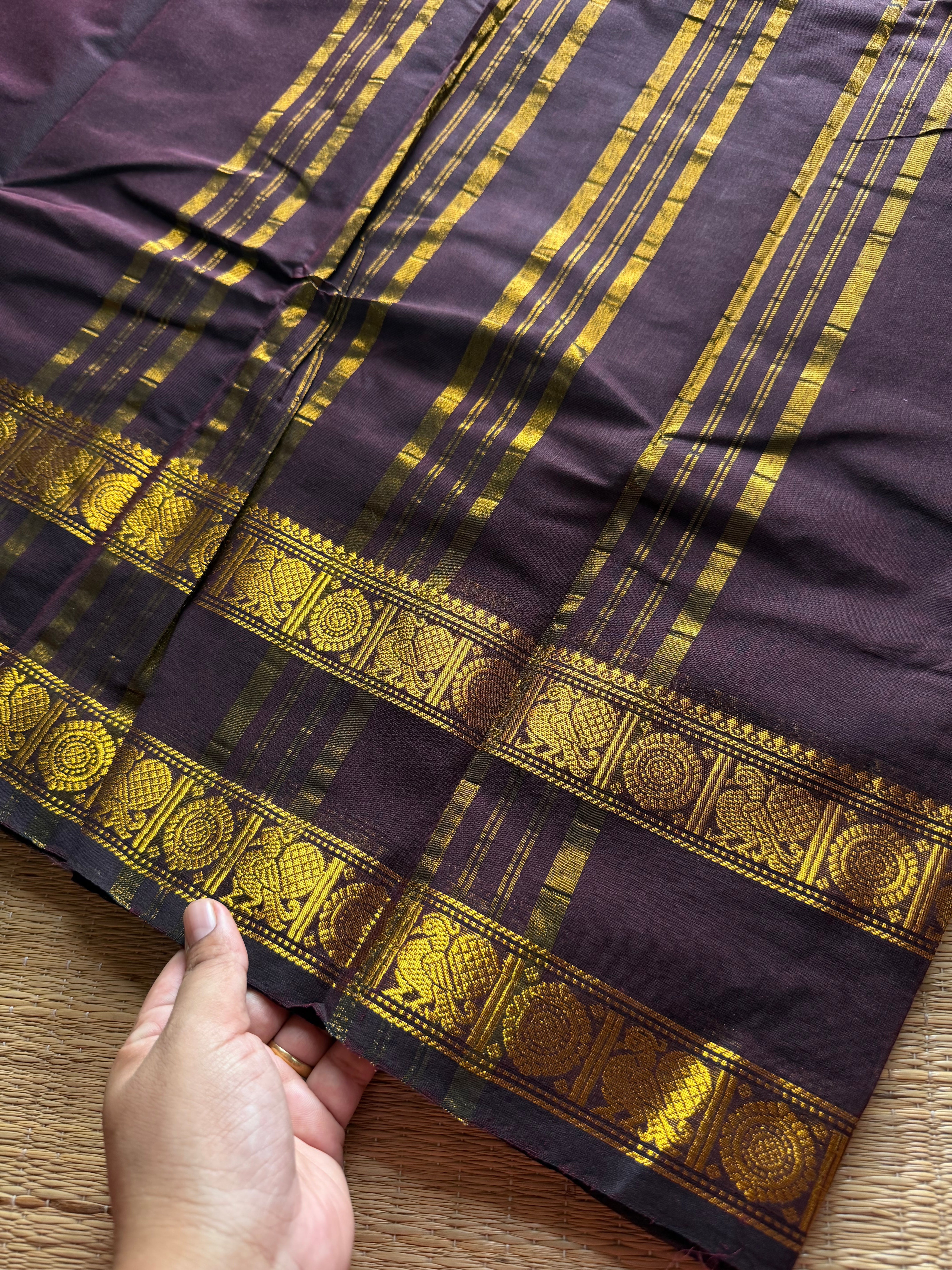 RF466 Monotone dark coffee brown shade Kanchi cotton saree annam pattern gap / Rettapet border
