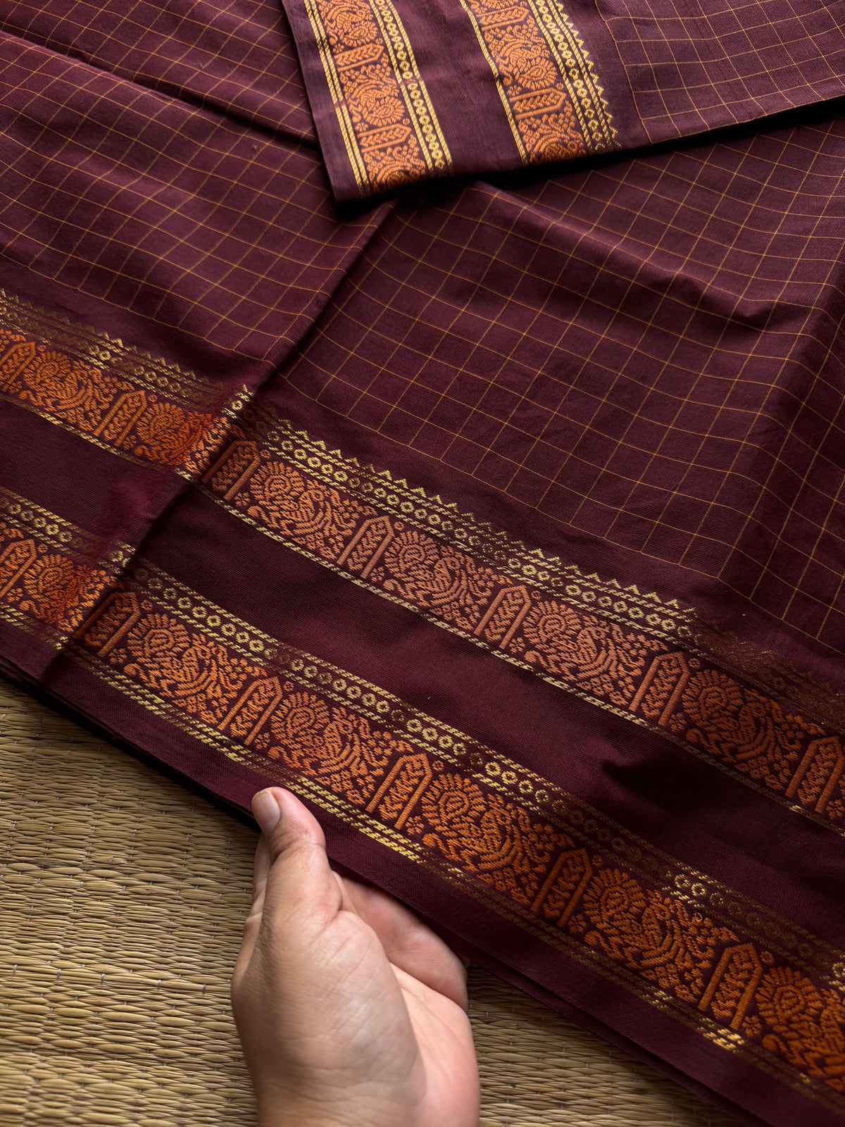 RF1252 Vintage Kattam ~ Deep Maroon shade Premium Kanchi Cotton Saree with Minimal Zari & checks pattern