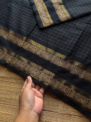 RF1251 Vintage Kattam ~  Jet Black shade Premium Kanchi Cotton Saree with Minimal Zari & checks pattern
