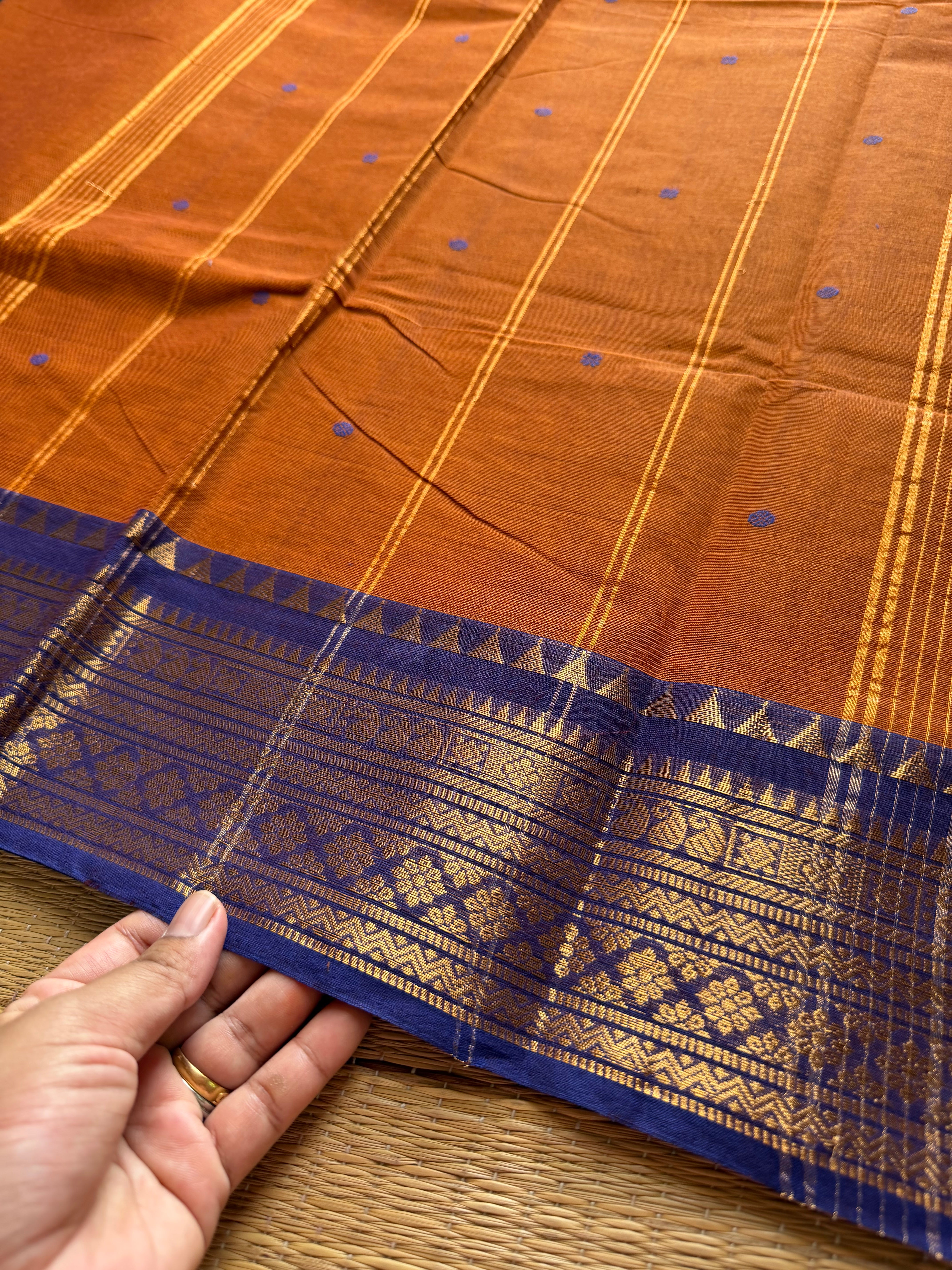 Orange with royal blue combination Kanchi cotton saree with handmade thread buttas
