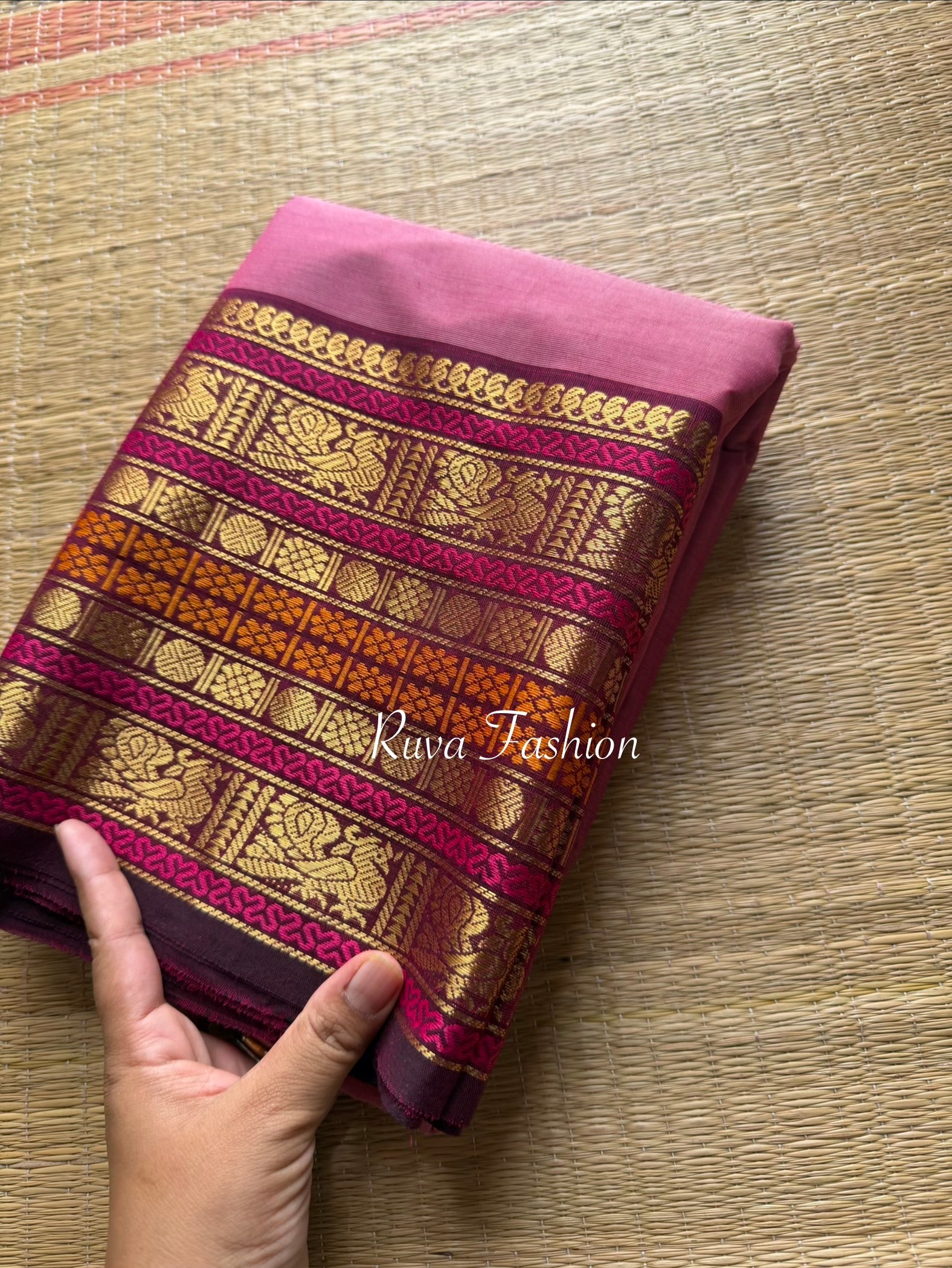 RF112 Pastel Pink Shade With Contrast Brown Varisaipet pet border Kanchi cotton saree