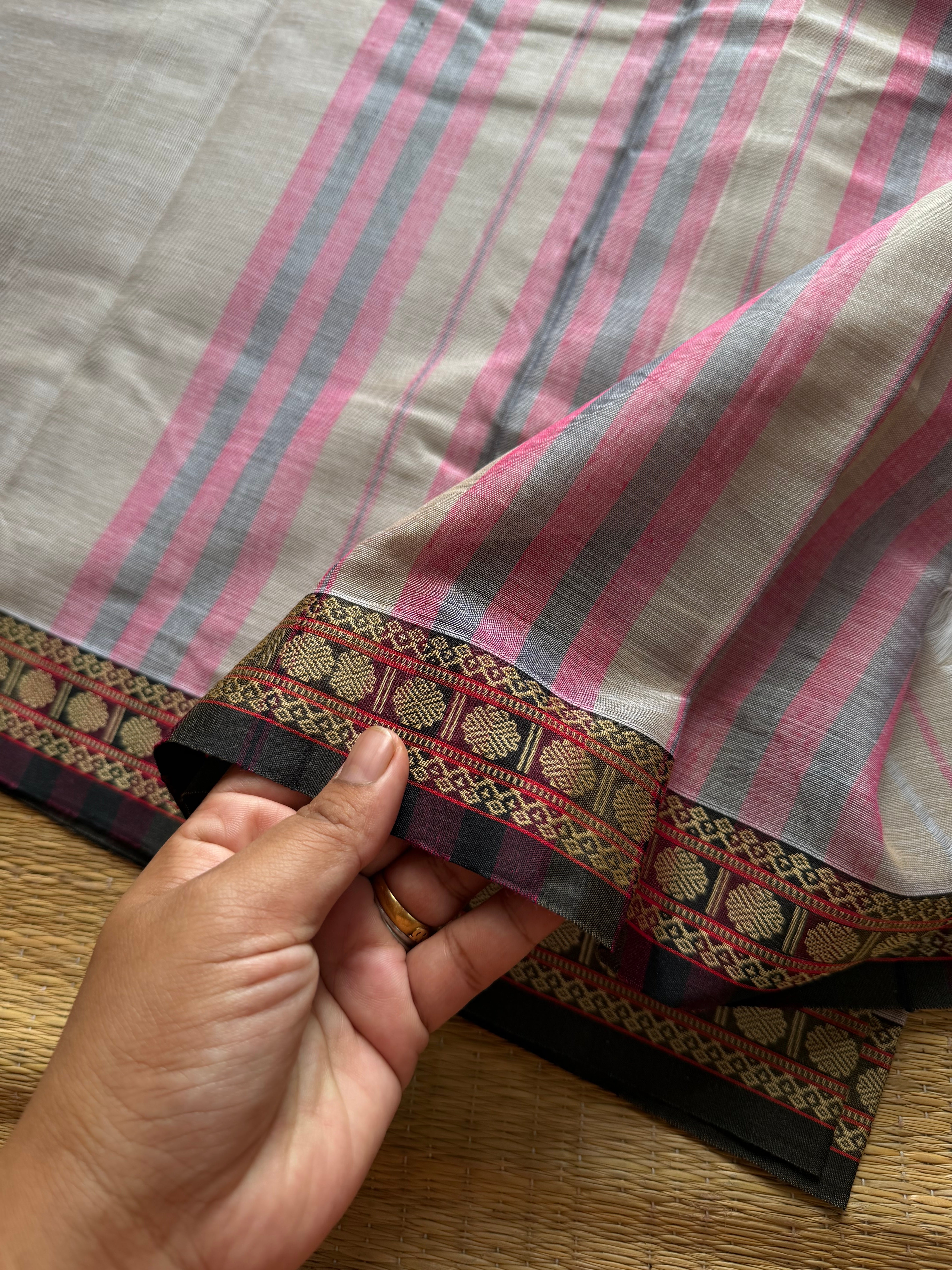 RF1170 Cream shade Mercerised Narayanpet cotton saree with small contrast thread border