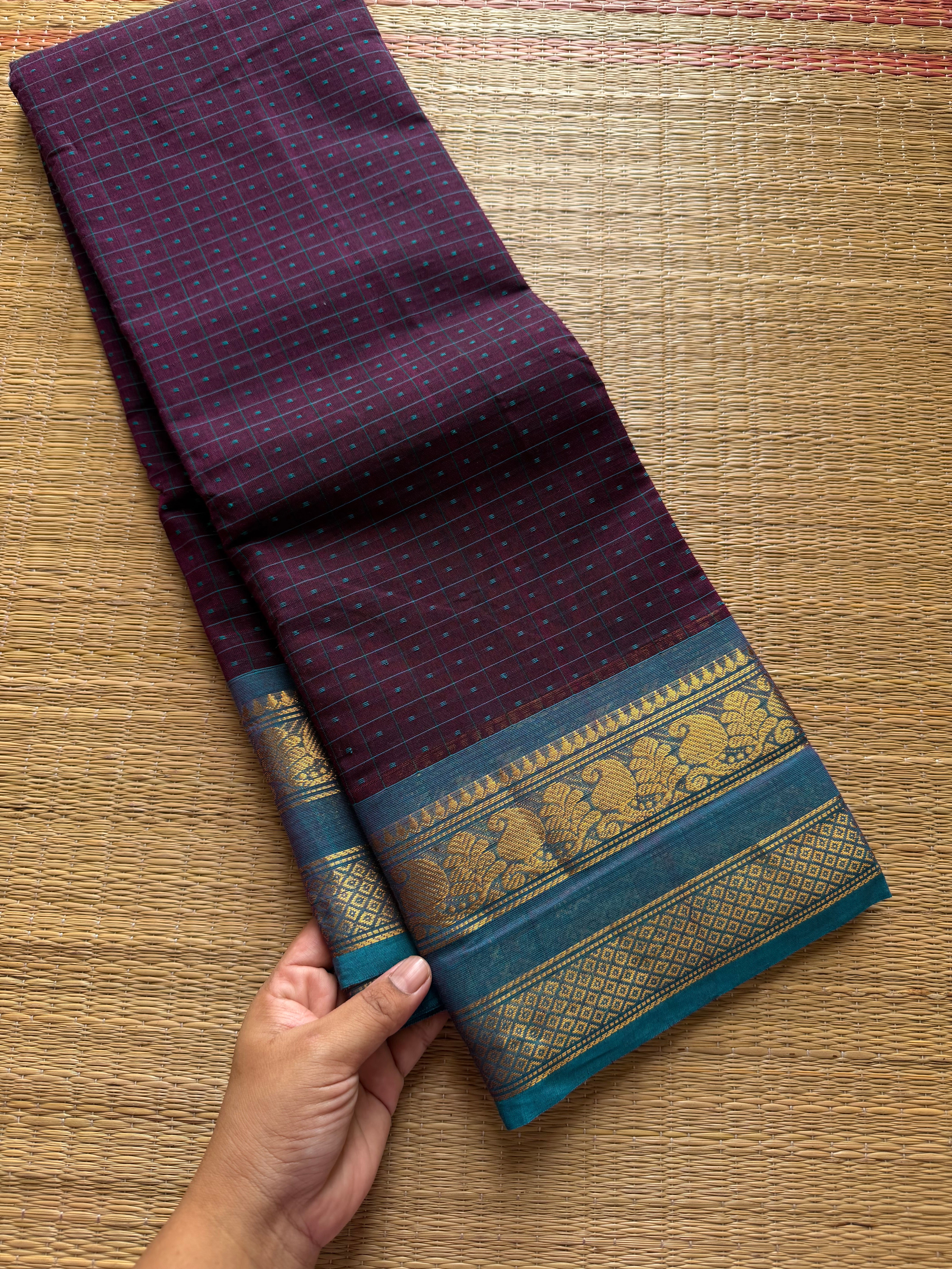 RF516 Purple with sky blue combination Lakshadeepam / 1000 Buttas checks / Kattam pattern Kanchi cotton saree