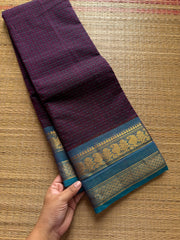 RF516 Purple with sky blue combination Lakshadeepam / 1000 Buttas checks / Kattam pattern Kanchi cotton saree